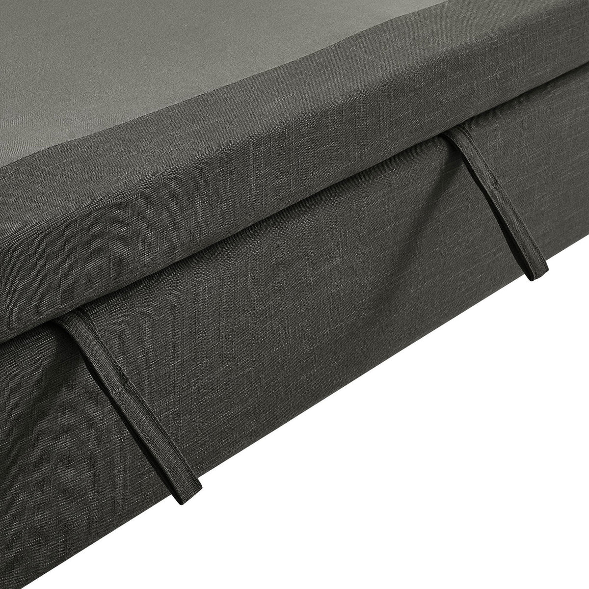 Detail of fabric ties securing the gray sleeper sofa pull-out platform for a neat finish || EEI-7080-GRY || detail_studio
