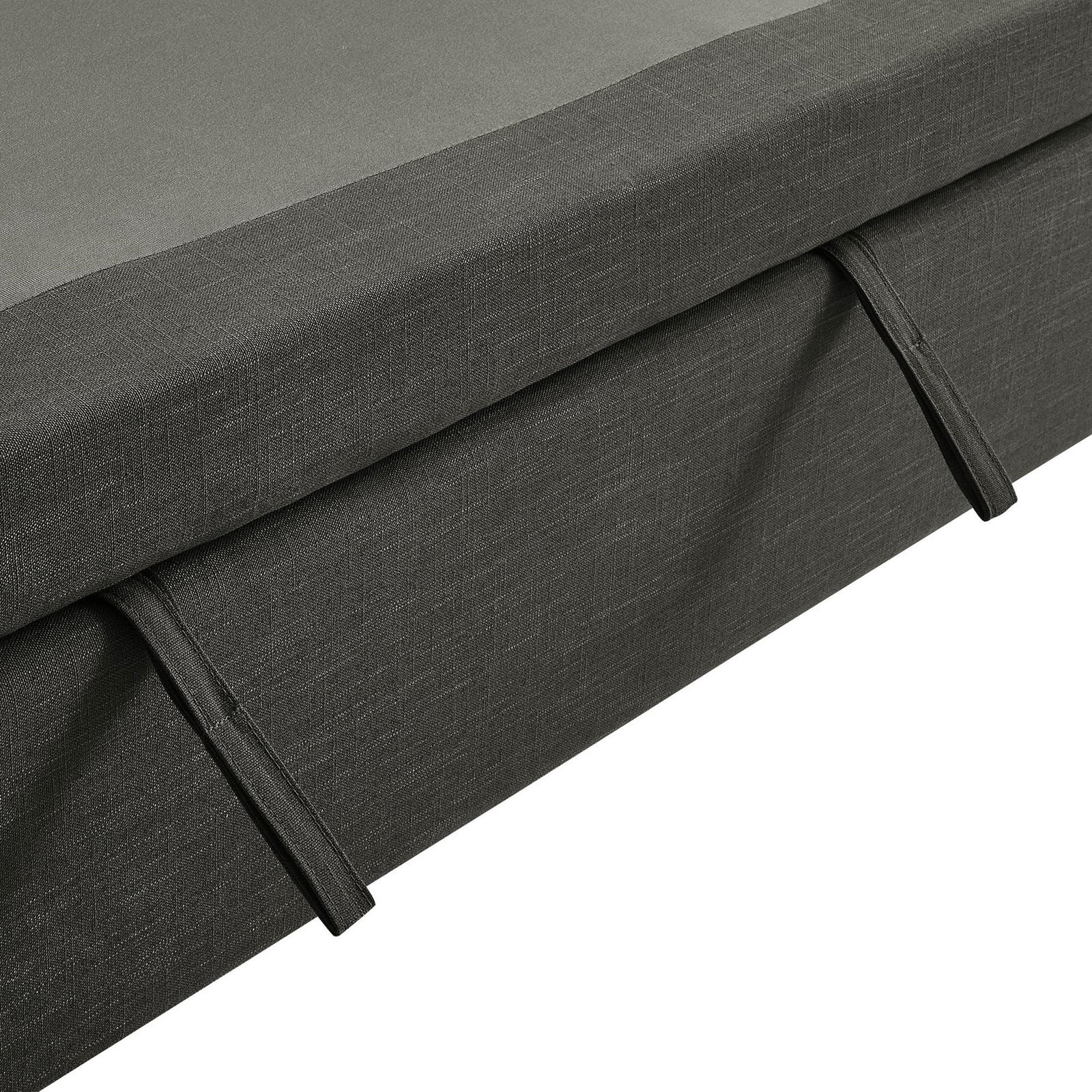 Detail of fabric ties securing the gray sleeper sofa pull-out platform for a neat finish || EEI-7080-GRY || detail_studio