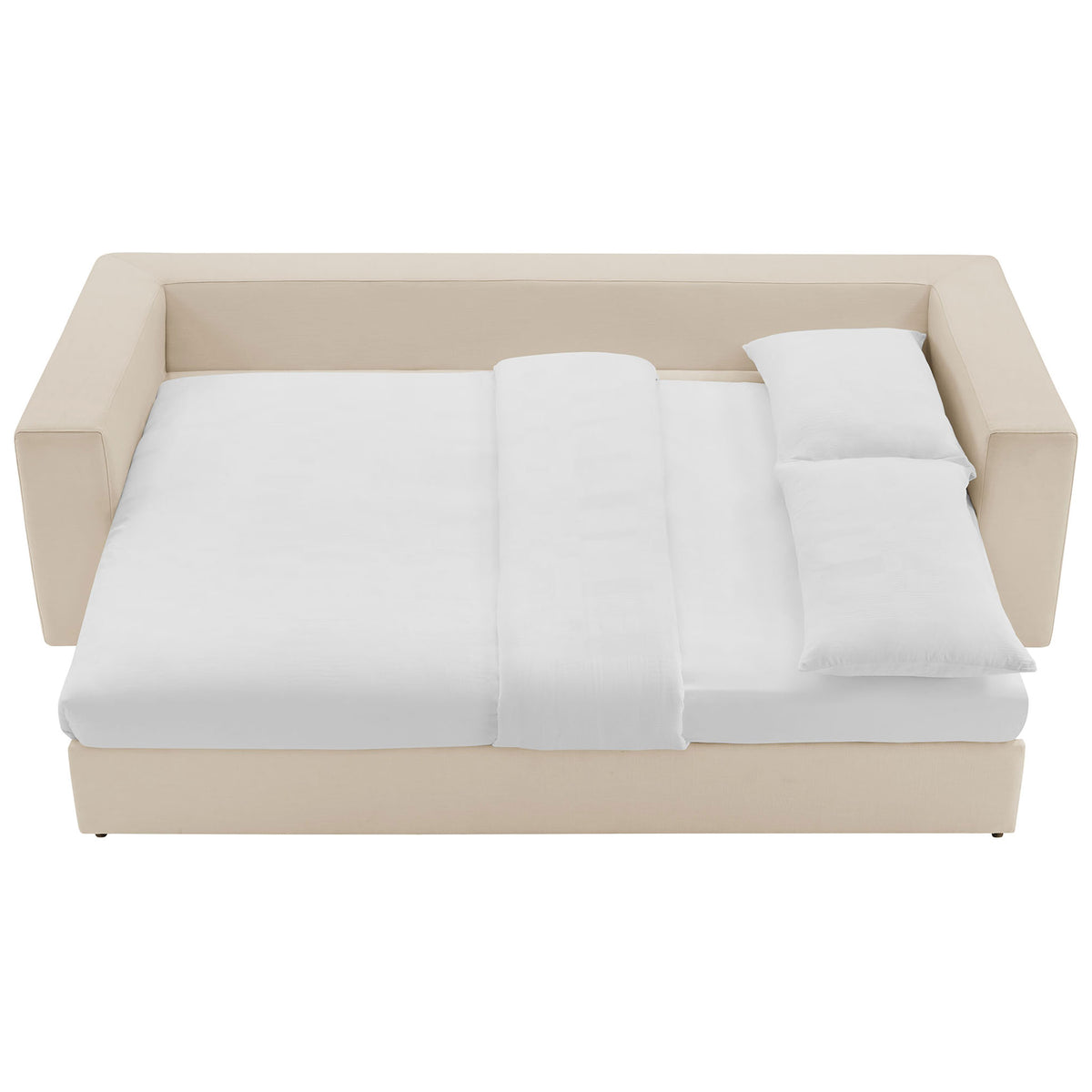 Sleeper sofa fully converted with the mattress platform extended to create a generous sleeping surface || EEI-7080-LBG || front_converted_studio
