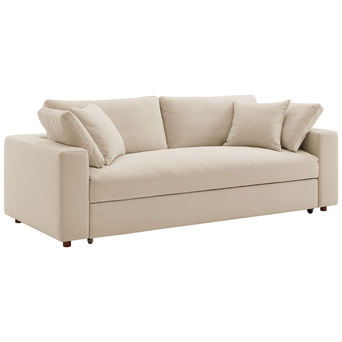 Light beige sleeper sofa with deep seat, wide track arms, and plush pillow back cushions || EEI-7080-LBG || front_angle_studio