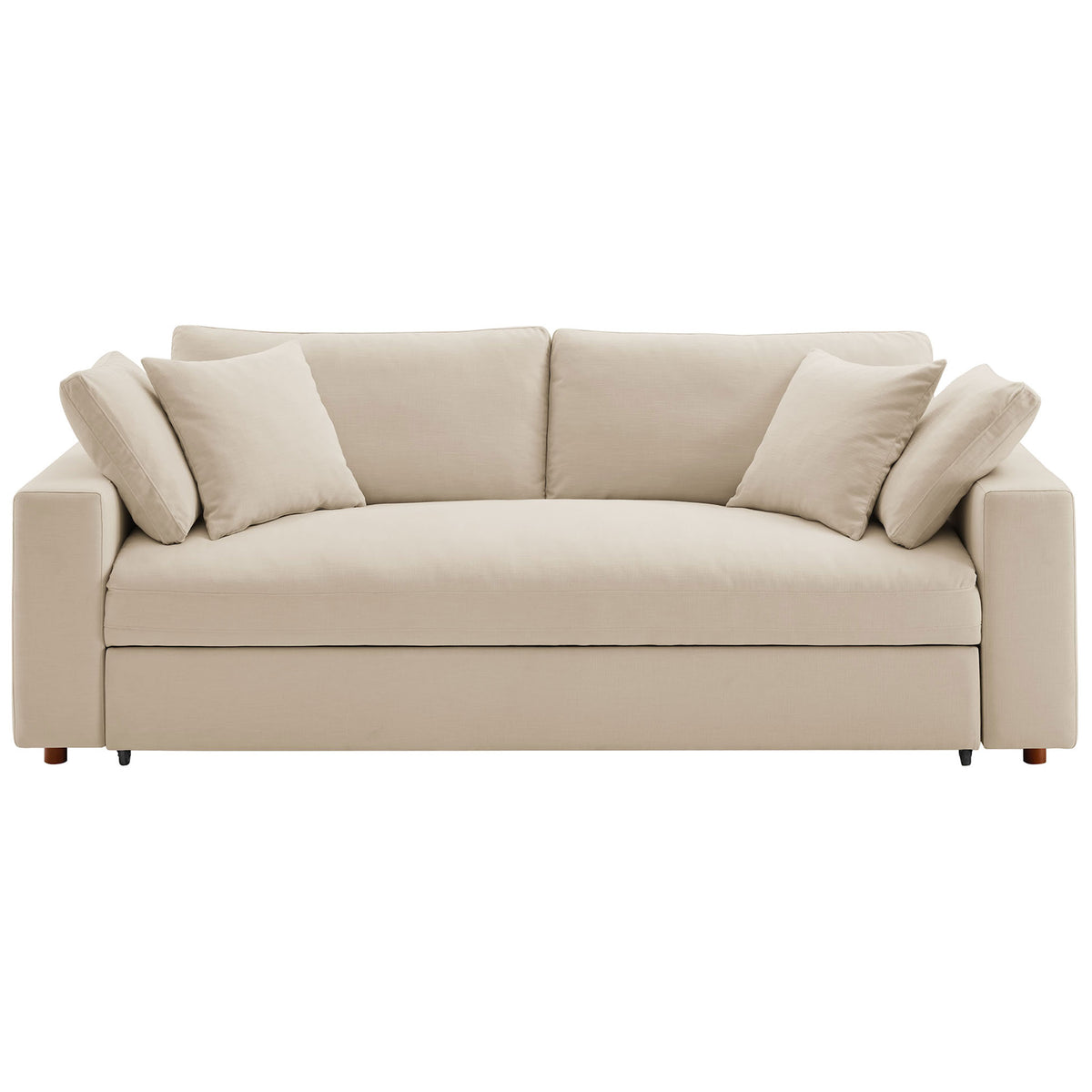Light beige sleeper sofa with overstuffed bench seat and four matching accent pillows || EEI-7080-LBG || front_studio