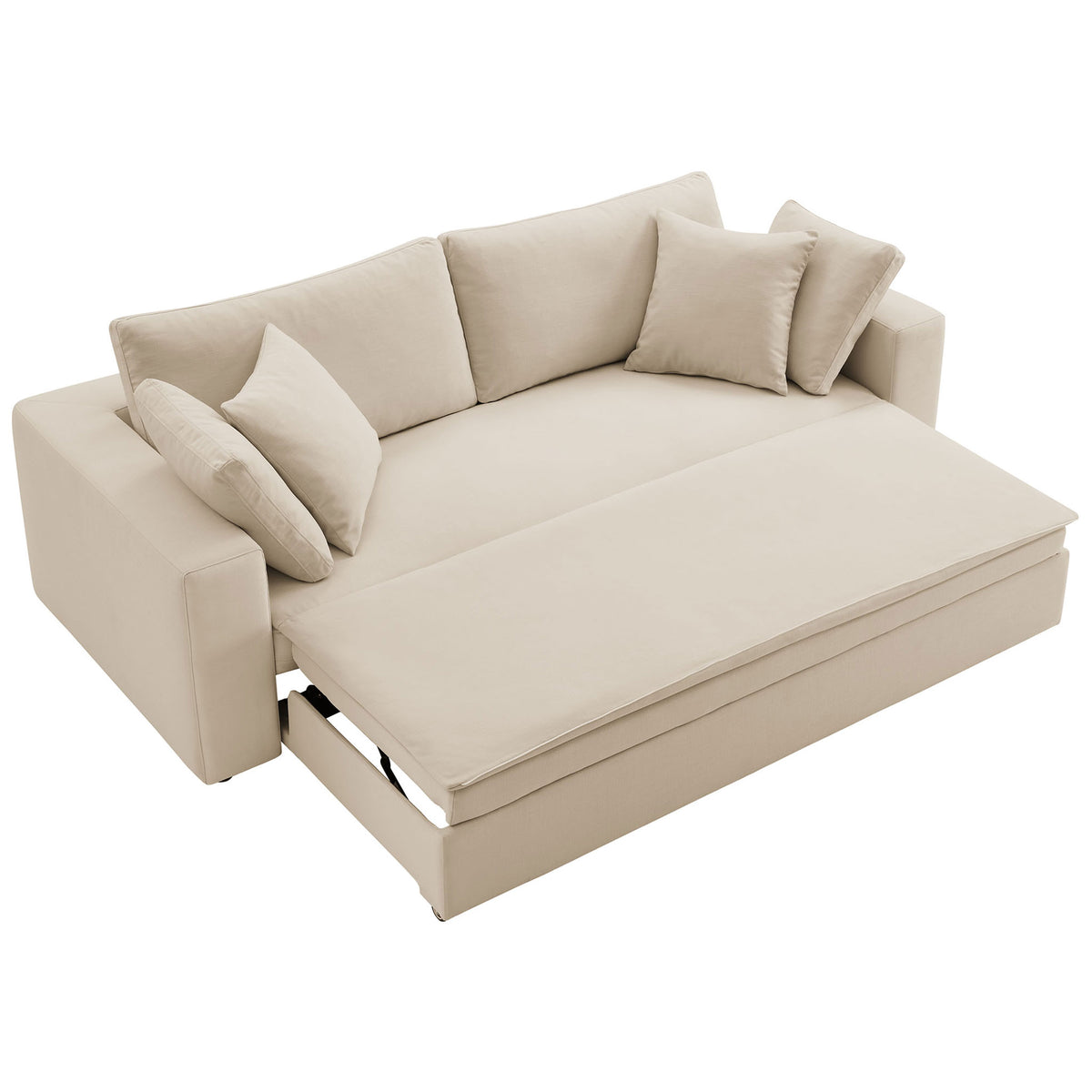 Sleeper sofa partially extended to create a generous chaise-style lounging surface in light beige || EEI-7080-LBG || front_angle_converted_studio