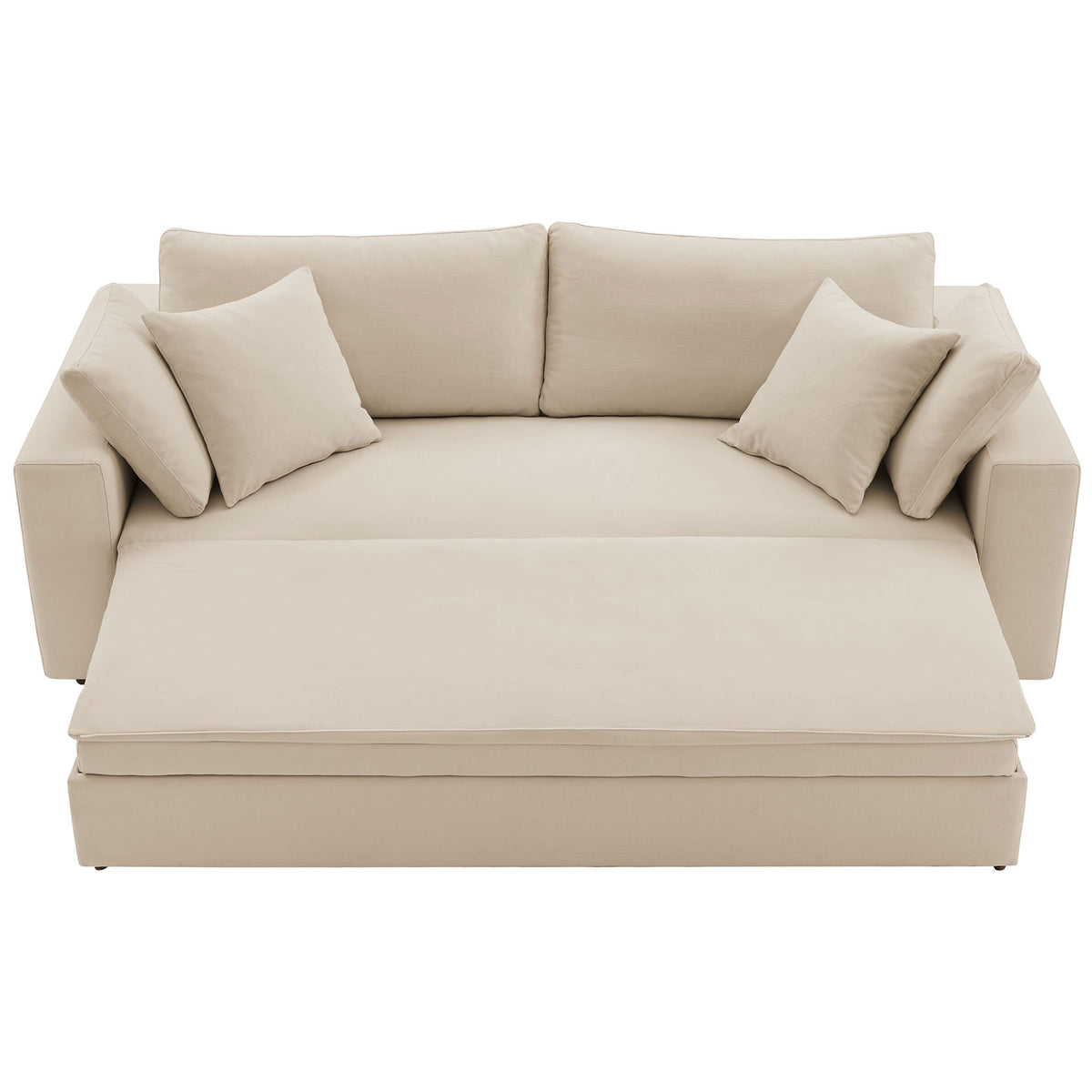 Sleeper sofa extended forward to reveal a wide, cushioned sleeping platform in soft light beige || EEI-7080-LBG || front_converted_studio