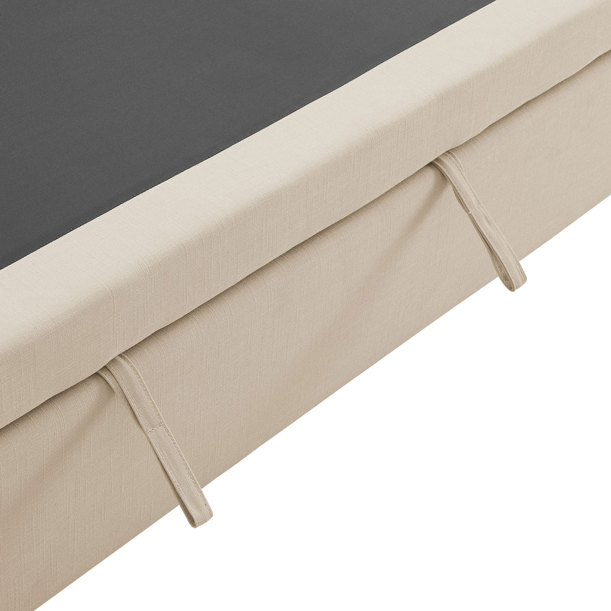 Detail of the pull-out base showing sturdy fabric loops and neatly tailored light beige upholstery || EEI-7080-LBG || detail_studio
