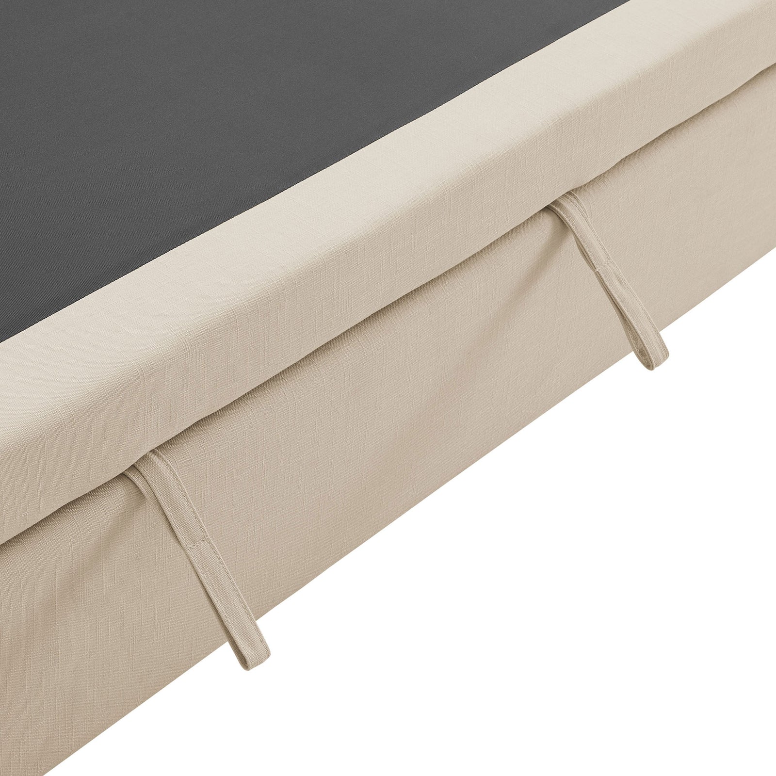 Detail of the pull-out base showing sturdy fabric loops and neatly tailored light beige upholstery || EEI-7080-LBG || detail_studio