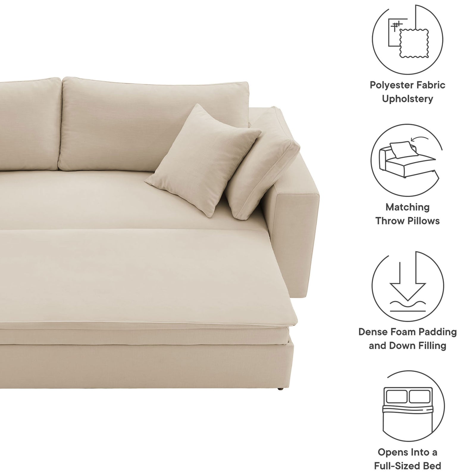 Sleeper sofa with graphic callouts highlighting polyester upholstery, matching pillows, and down-filled comfort || EEI-7080-LBG || callout_studio