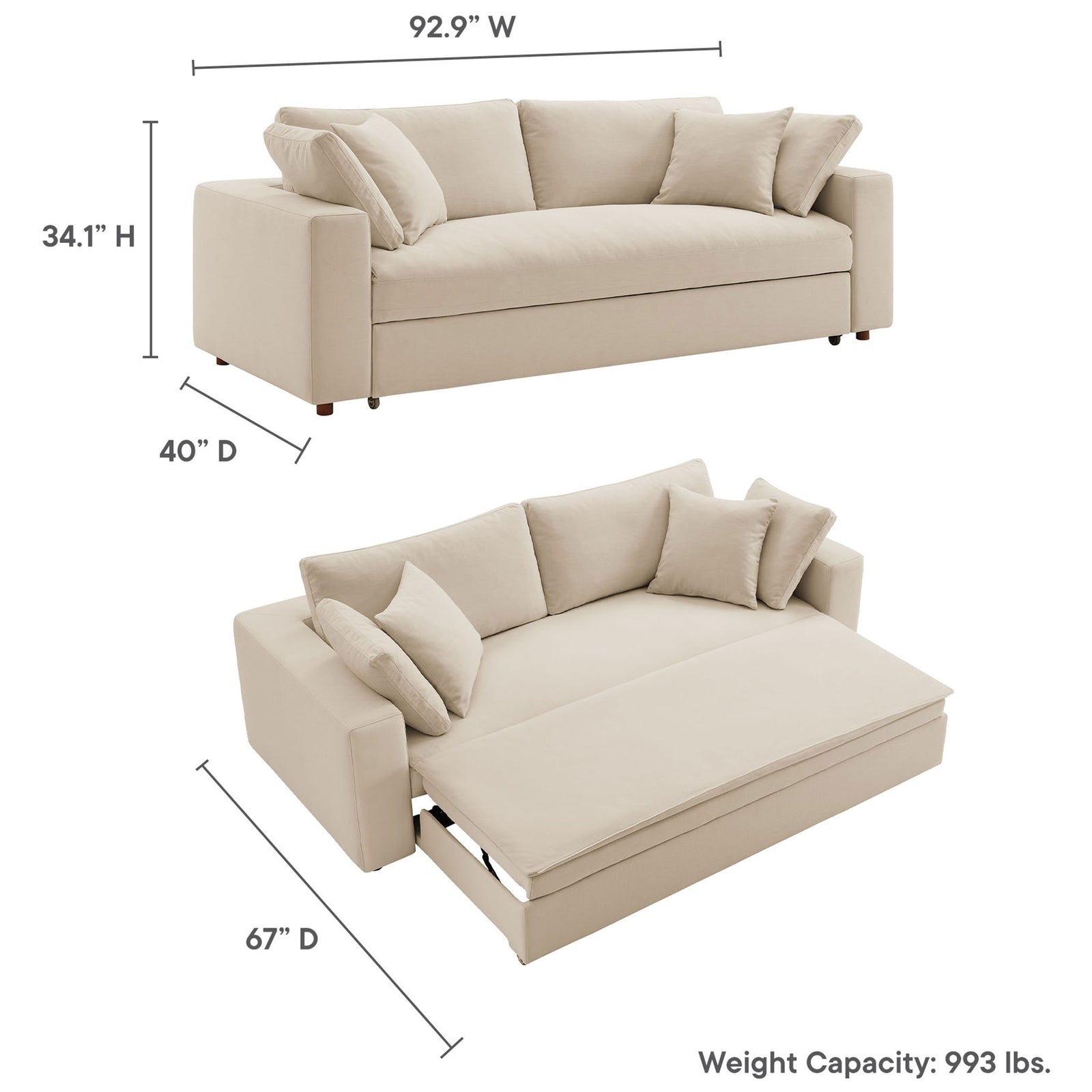 Sleeper sofa dimension graphic showing overall width, depth, height, and weight capacity details || EEI-7080-LBG || dimension_studio