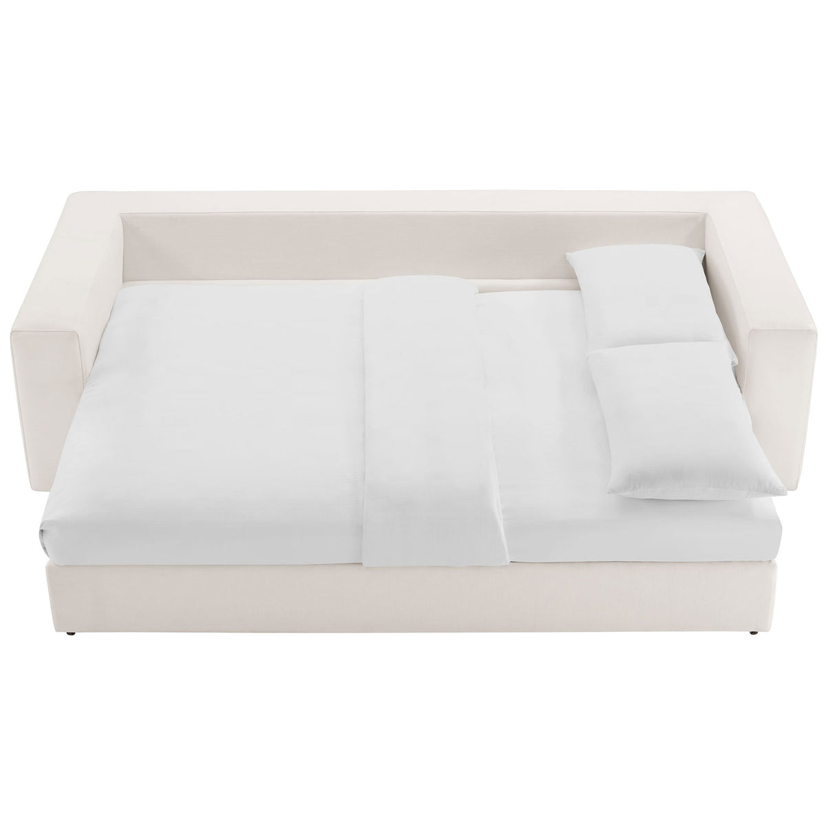 Sleeper sofa transformed into a neatly made bed with slim profile arms framing the mattress || EEI-7080-PUW || front_converted_studio