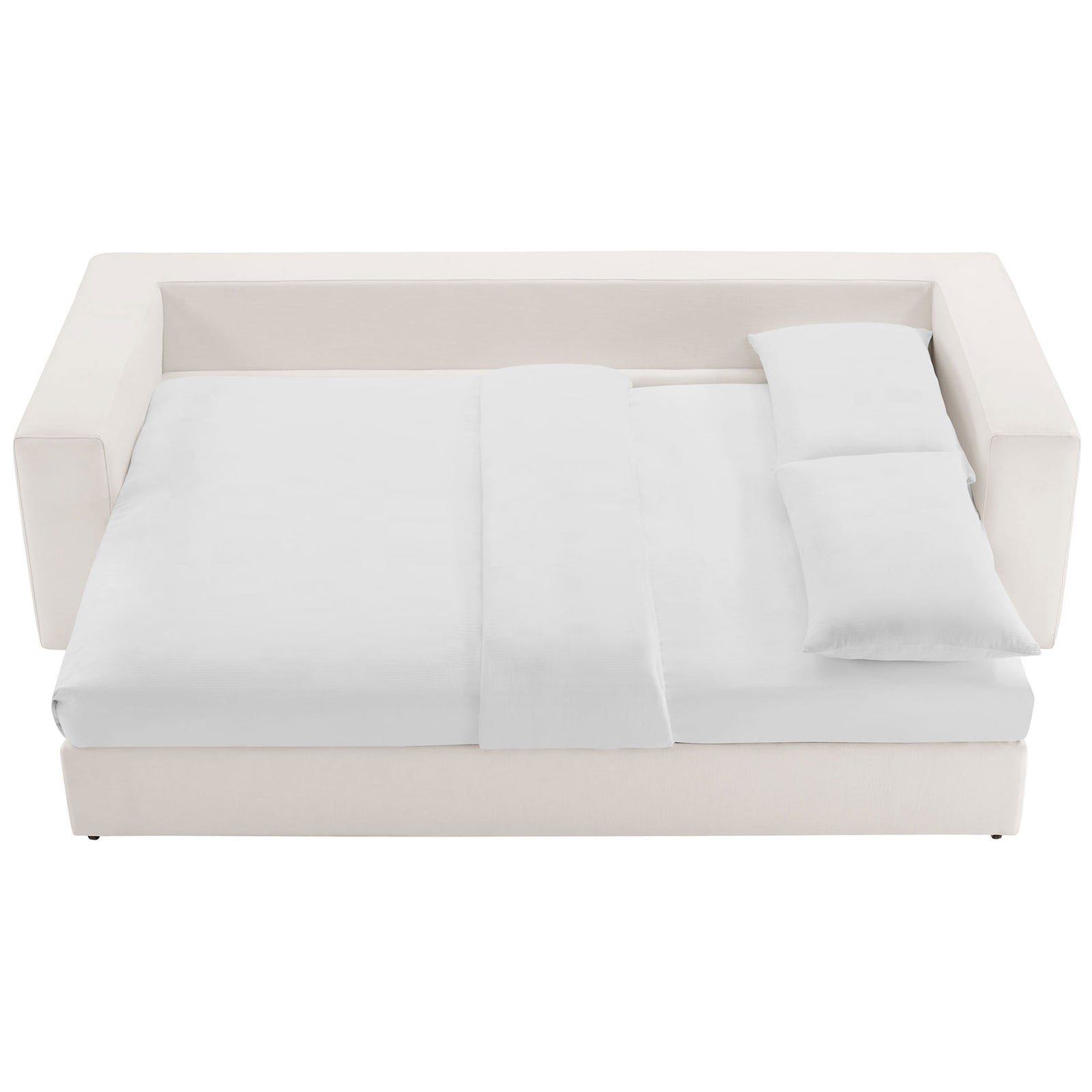 Sleeper sofa transformed into a neatly made bed with slim profile arms framing the mattress || EEI-7080-PUW || front_converted_studio