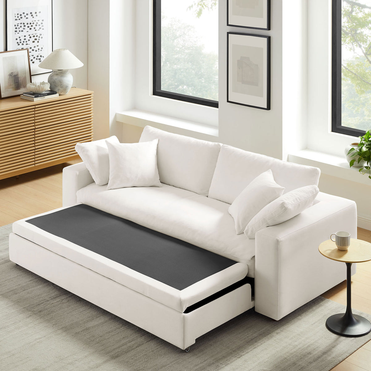 Sleeper mechanism extended with dark platform visible beneath the white seat cushion for support || EEI-7080-PUW || front_angle_converted_room