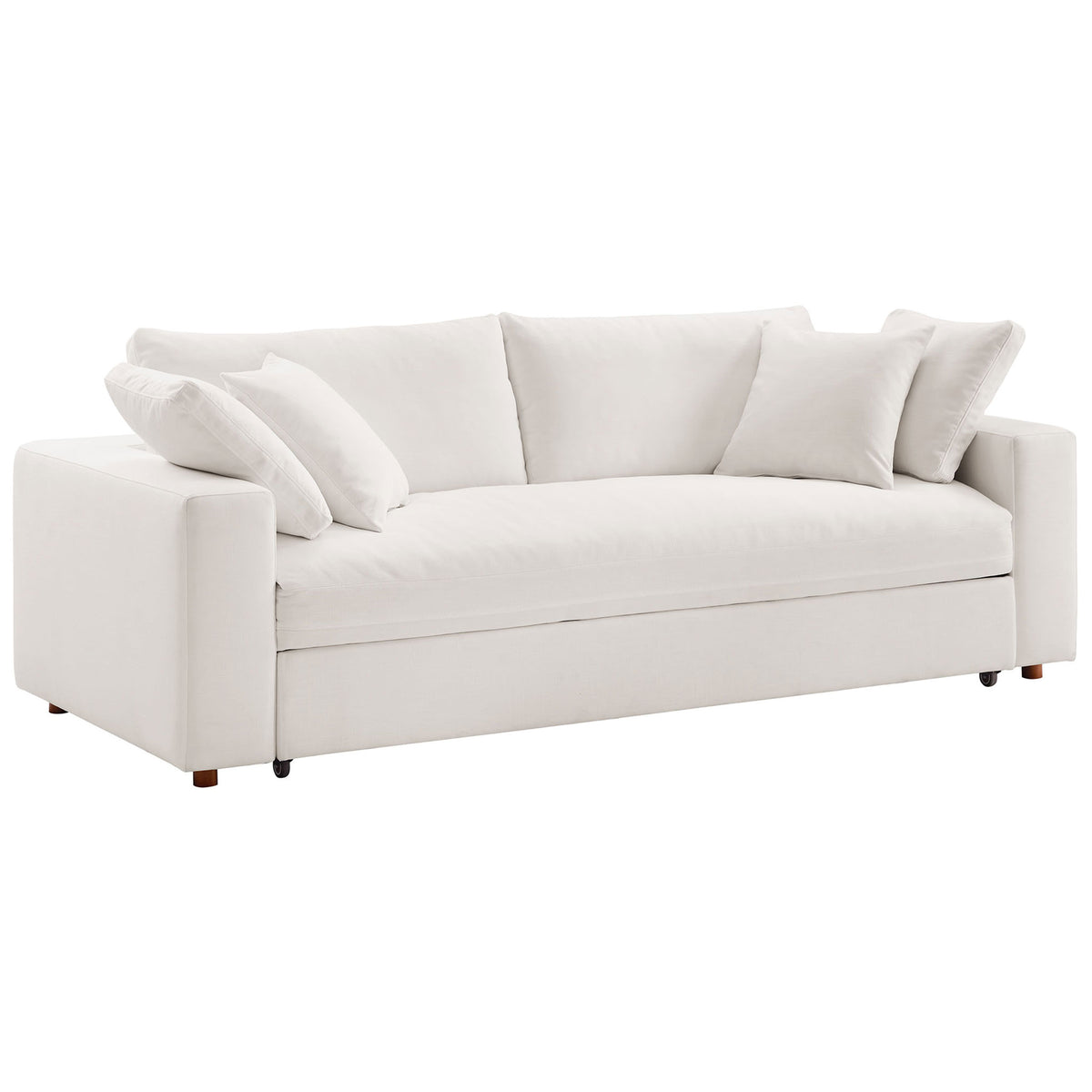 Modern pure white sleeper sofa with clean-lined track arms and sink-in overstuffed back cushions || EEI-7080-PUW || front_angle_studio