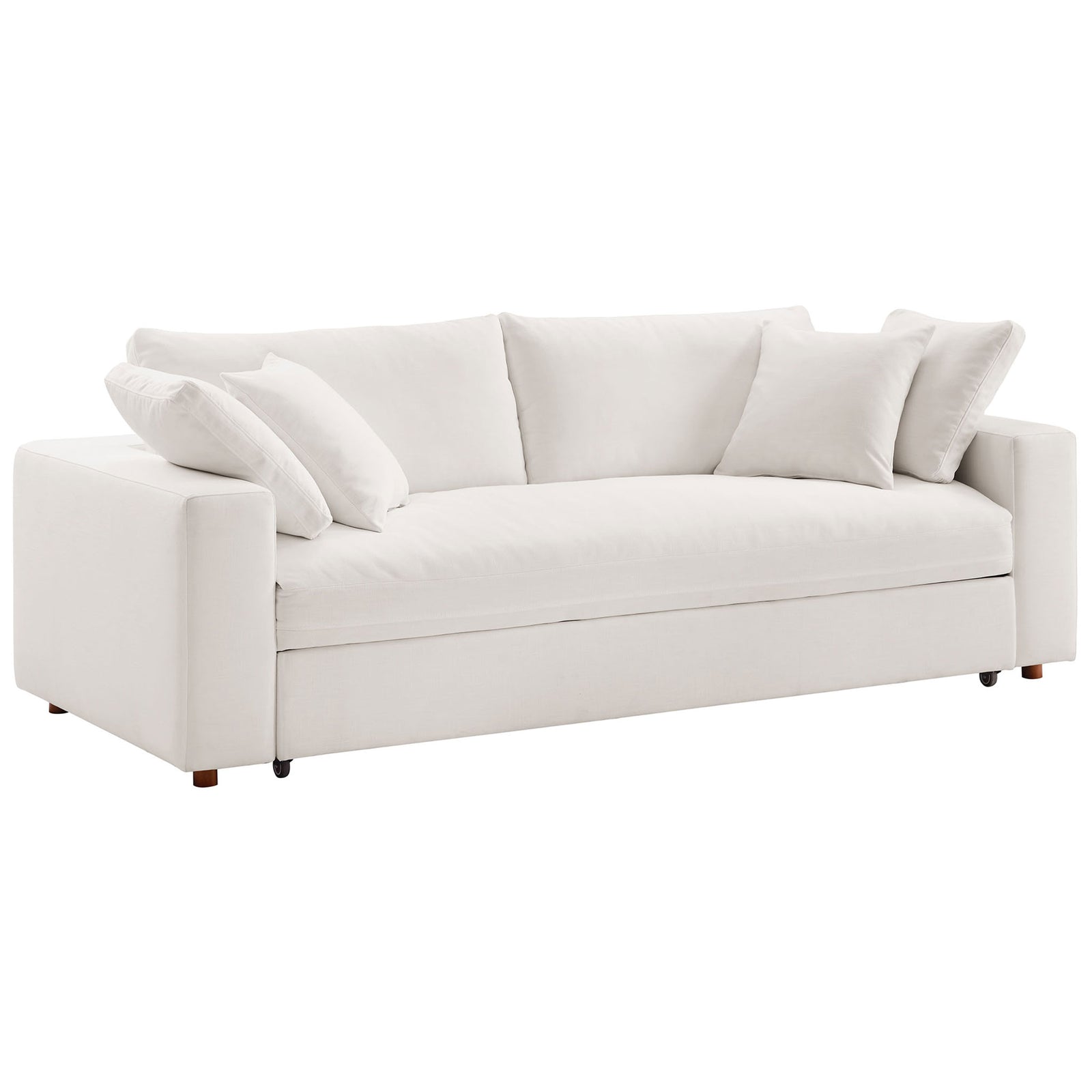 Modern pure white sleeper sofa with clean-lined track arms and sink-in overstuffed back cushions || EEI-7080-PUW || front_angle_studio