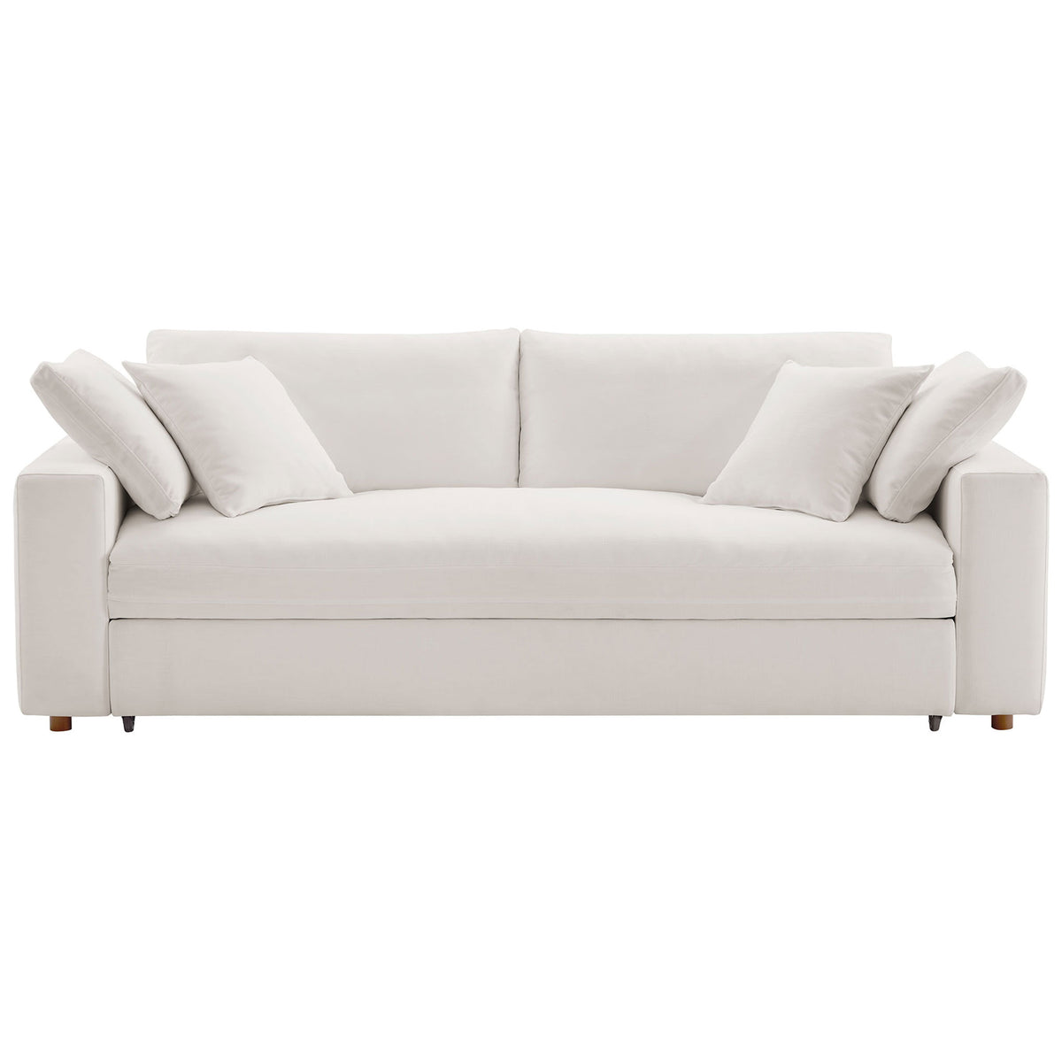 Pure white down-filled sleeper sofa with generous bench seat and four cozy throw pillows || EEI-7080-PUW || front_studio