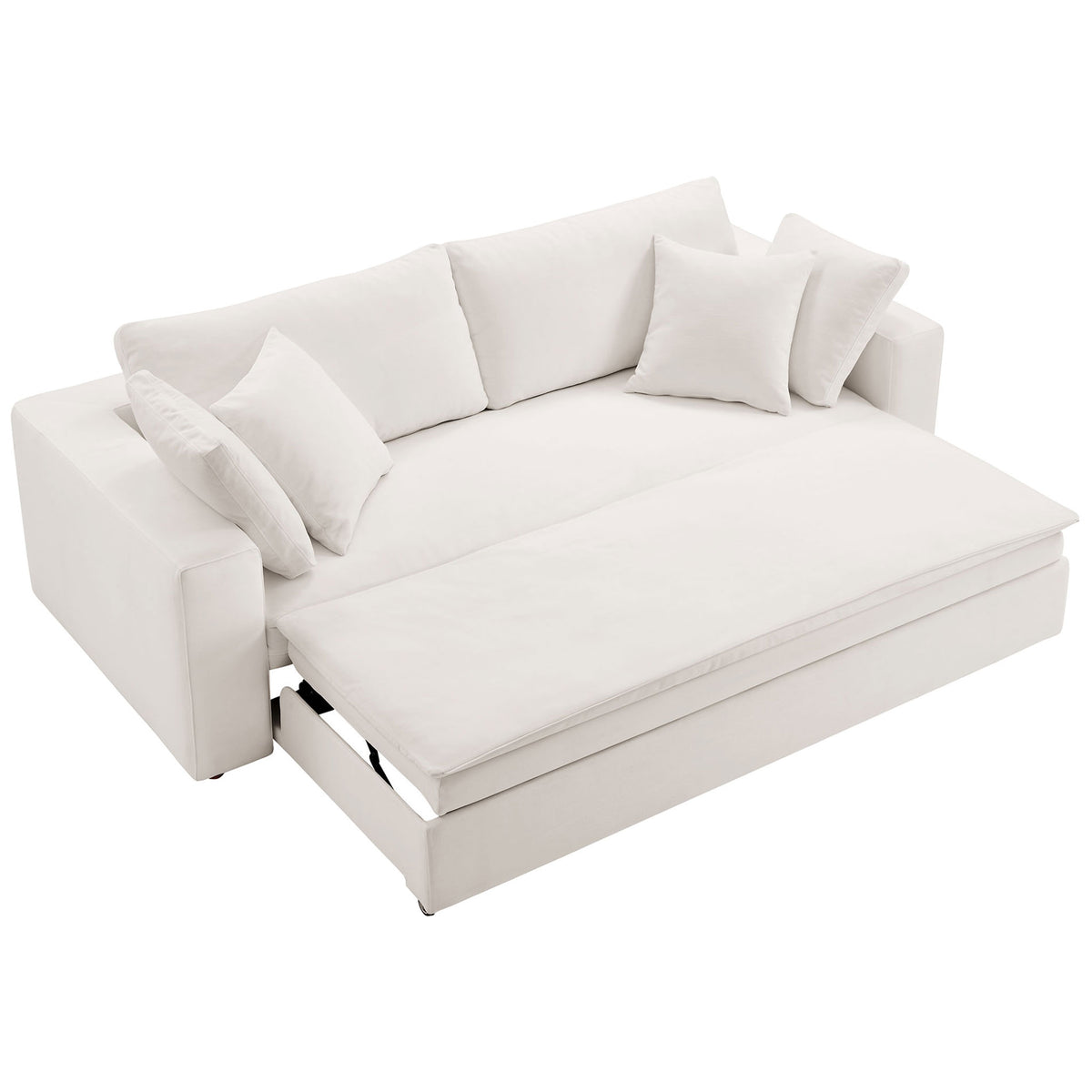 Sleeper sofa showing pull-out base with plush mattress panel ready to convert into a roomy bed || EEI-7080-PUW || front_angle_converted_studio