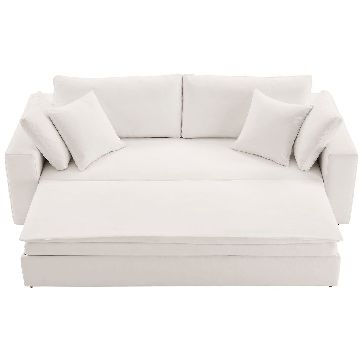 Pure white sofa bed with extended cushion creating a broad lounging surface with pillows || EEI-7080-PUW || front_converted_studio