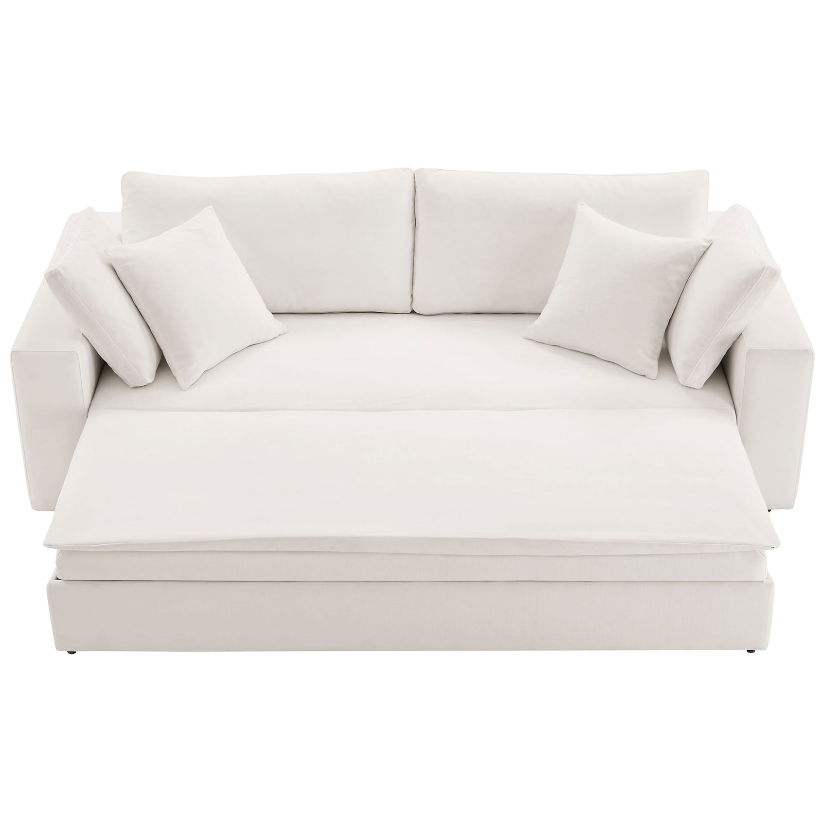 Pure white sofa bed with extended cushion creating a broad lounging surface with pillows || EEI-7080-PUW || front_converted_studio
