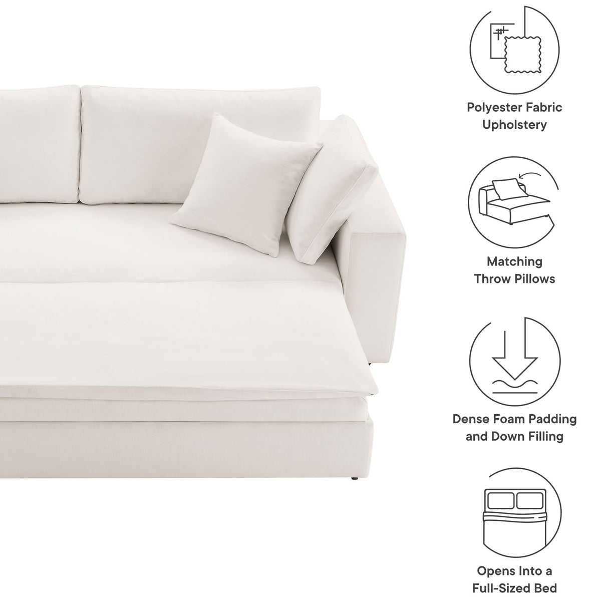 Feature icons call out polyester upholstery, plush pillows, dense padding, and full-size bed function || EEI-7080-PUW || callout_studio
