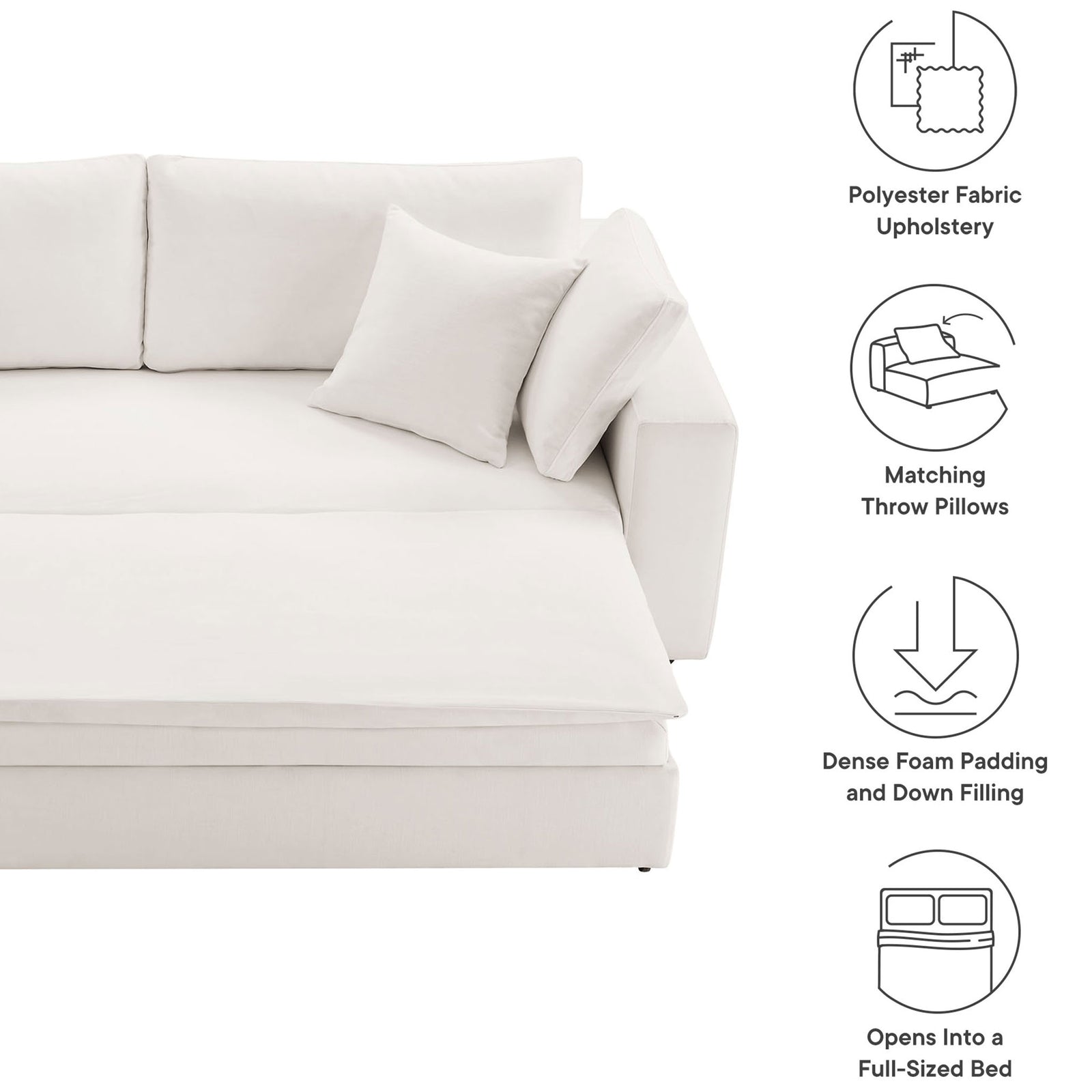Feature icons call out polyester upholstery, plush pillows, dense padding, and full-size bed function || EEI-7080-PUW || callout_studio