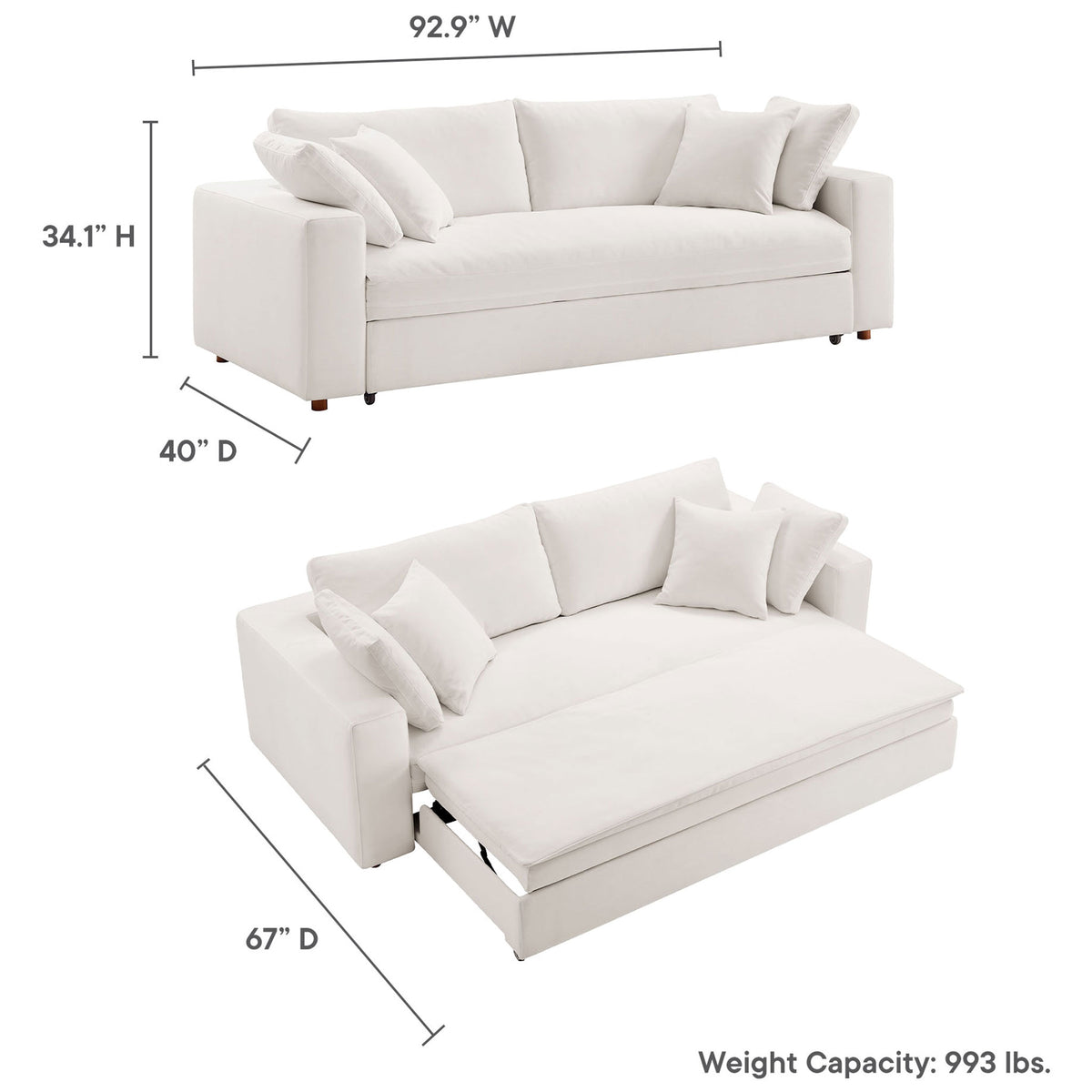 Dimension graphic showing overall sofa and extended bed measurements with weight capacity details || EEI-7080-PUW || dimension_studio