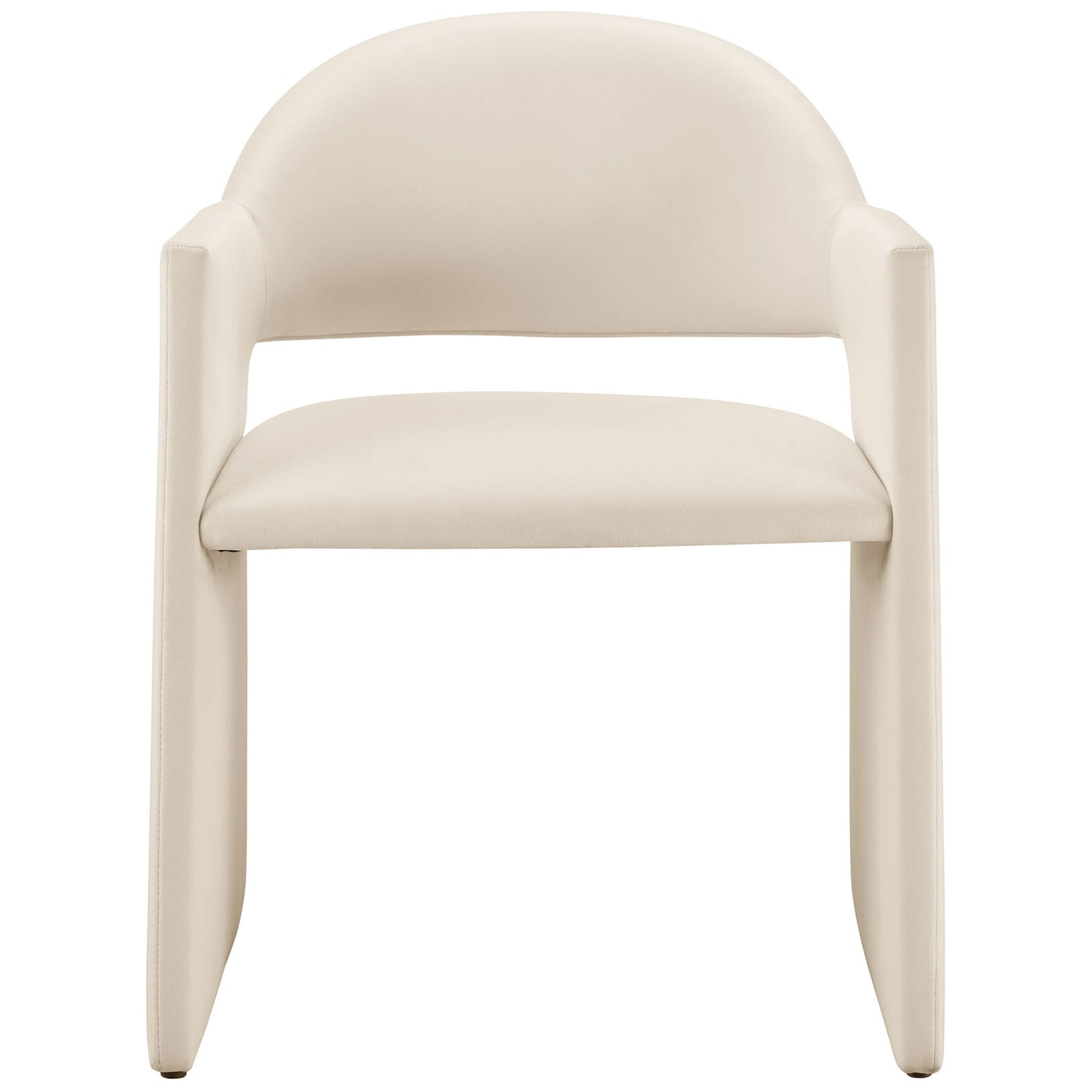 Symmetrical alabaster velvet barrel-back dining armchair with wide track arms and open lower back || EEI-7081-ALA || front_studio
