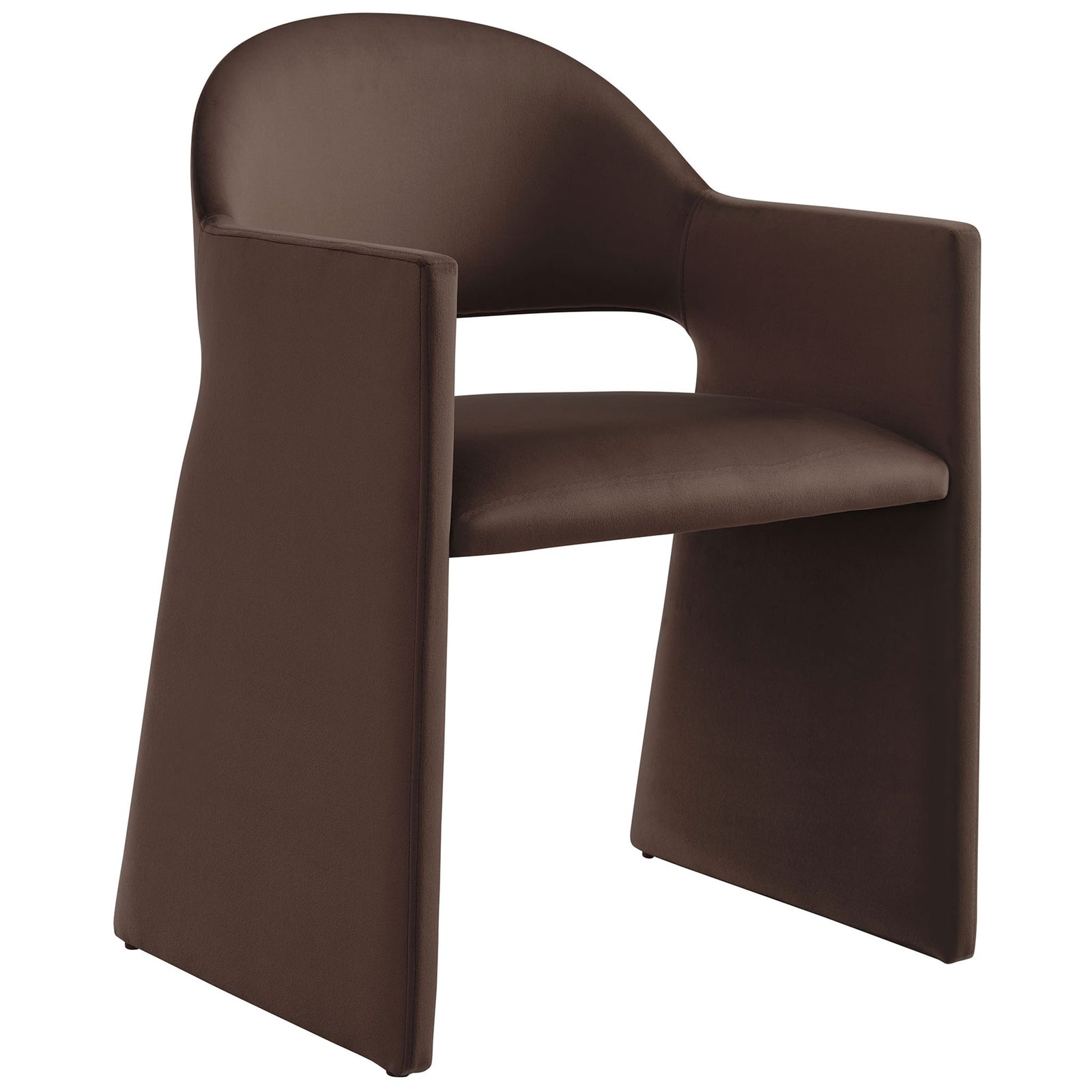 Sculptural chocolate velvet dining chair featuring clean modern lines and fully upholstered geometric arms. || EEI-7081-CHB || front_angle_studio