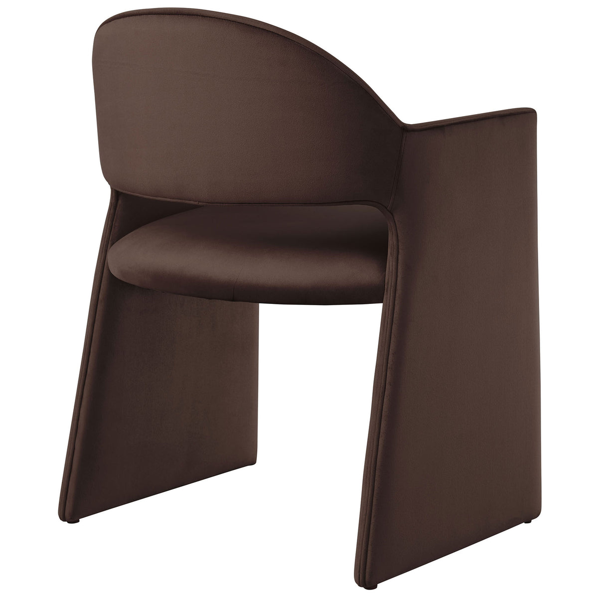Chocolate brown barrel-back dining chair with open lower back and tailored performance velvet upholstery. || EEI-7081-CHB || back_angle_studio