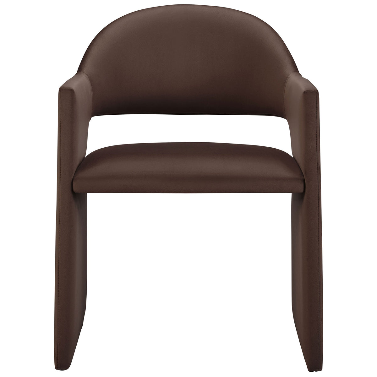 Chocolate brown performance velvet dining armchair with curved barrel back and wide floor-length arms. || EEI-7081-CHB || front_studio