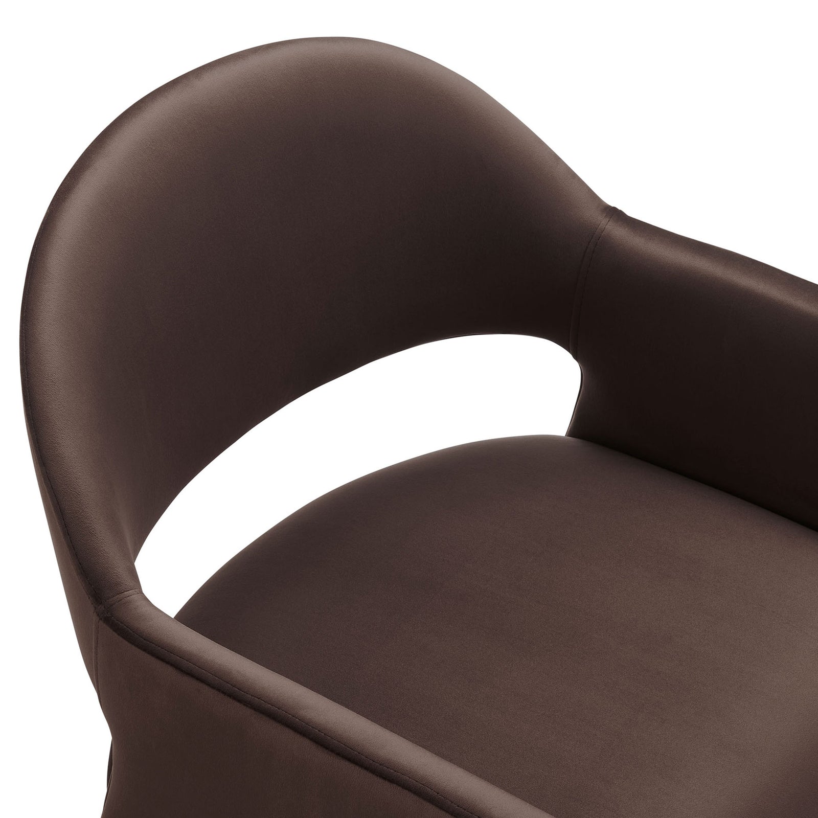 Soft performance velvet upholstery and curved barrel back detailing on the chocolate brown Talia dining armchair. || EEI-7081-CHB || detail_studio