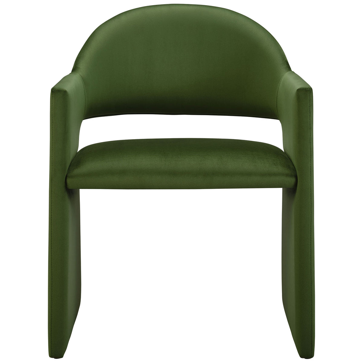 Moss green velvet barrel-back dining armchair with sculptural angular arms and an open-back silhouette. || EEI-7081-MOG || front_studio