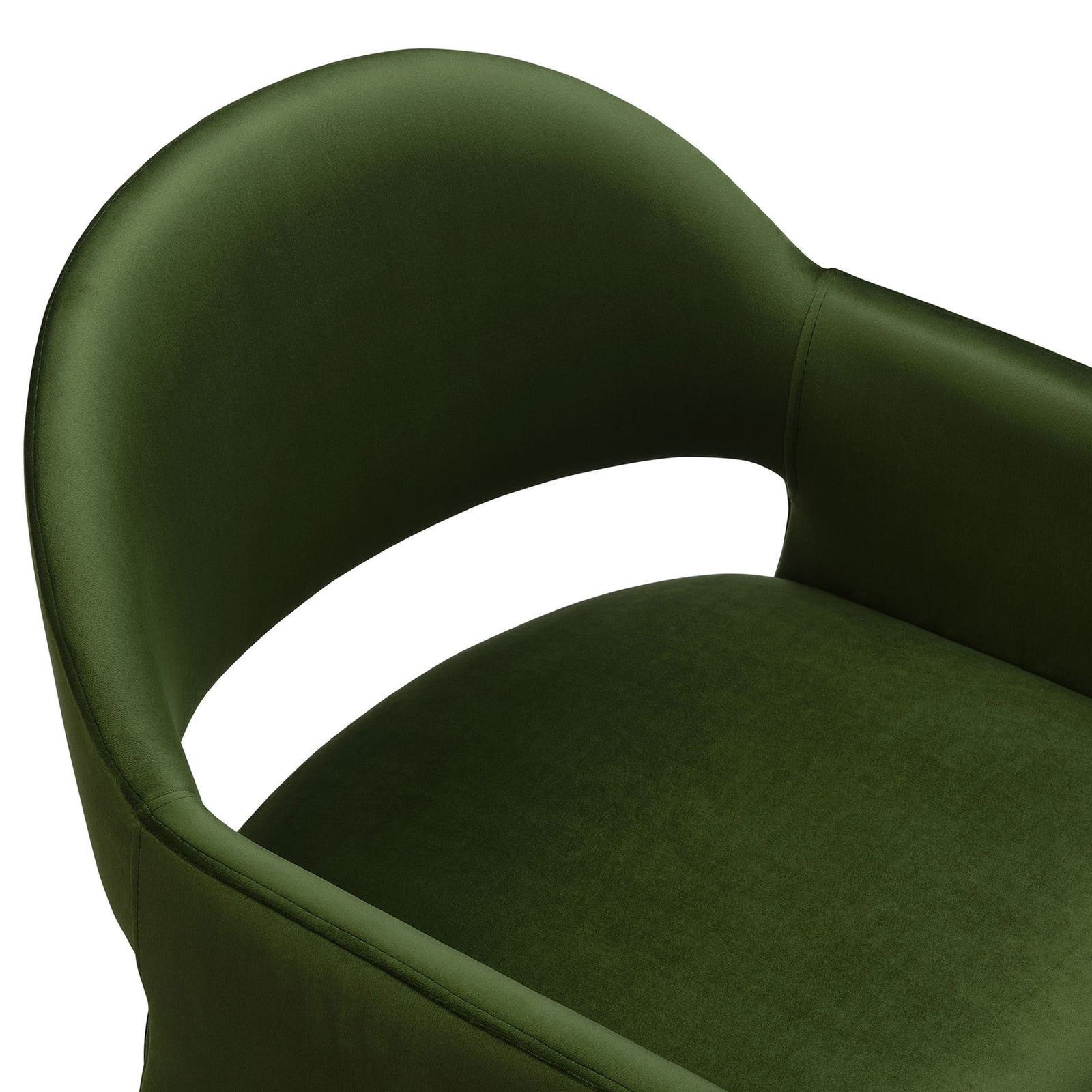 Curved barrel back and plush moss green velvet seat of the Talia dining armchair, showcasing the airy open-back design. || EEI-7081-MOG || detail_studio