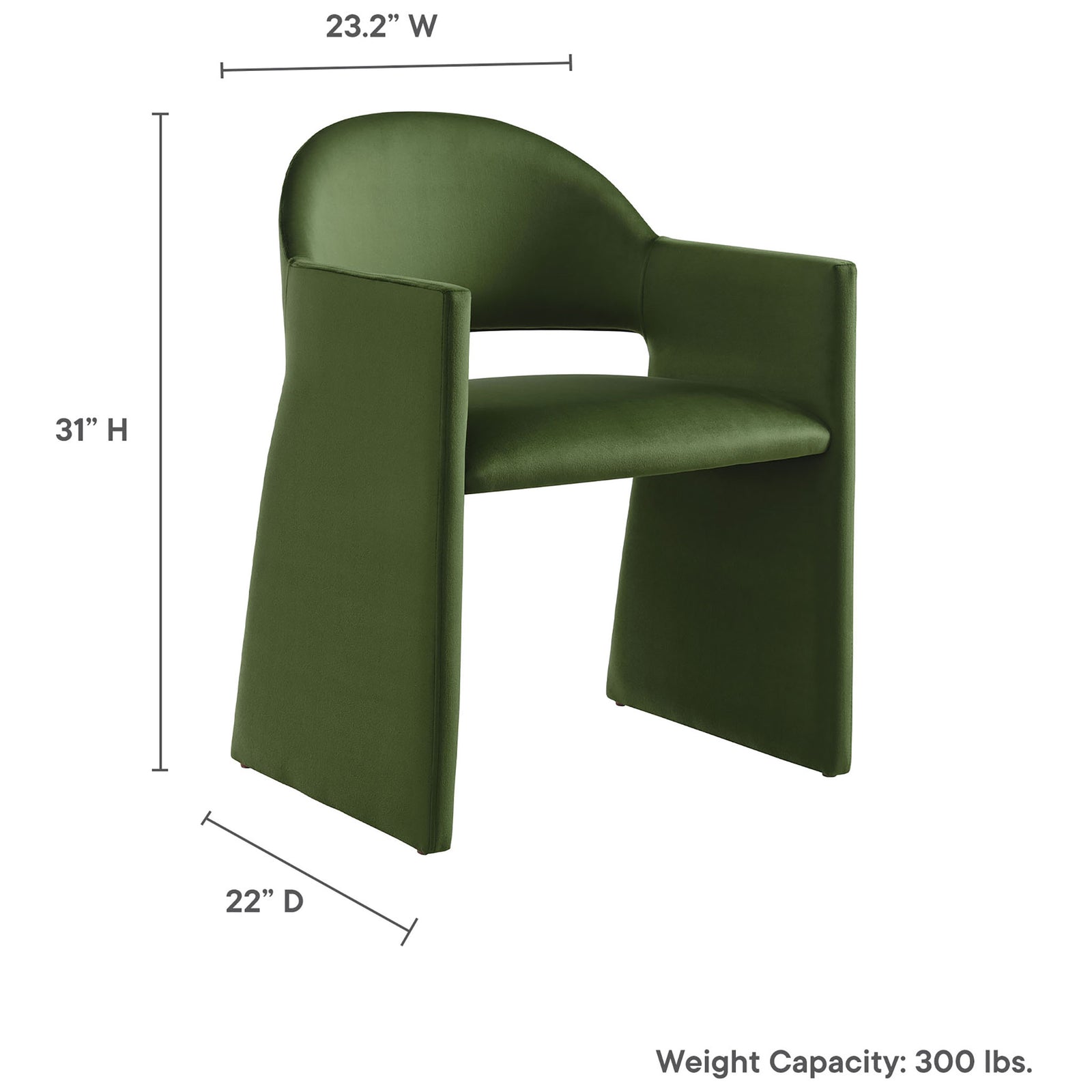 Moss green velvet Talia dining armchair with labeled width, depth, height, and 300 pound weight capacity. || EEI-7081-MOG || dimension_studio