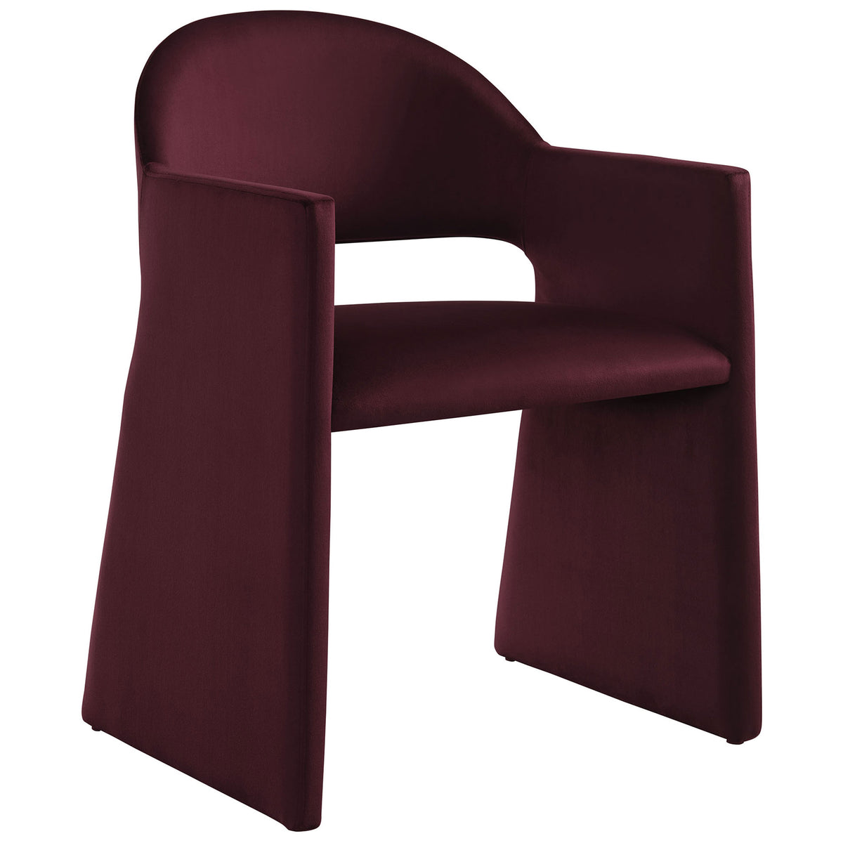 Performance velvet dining chair in rich mulberry with open back and wide floor-length side panels || EEI-7081-MUL || front_angle_studio