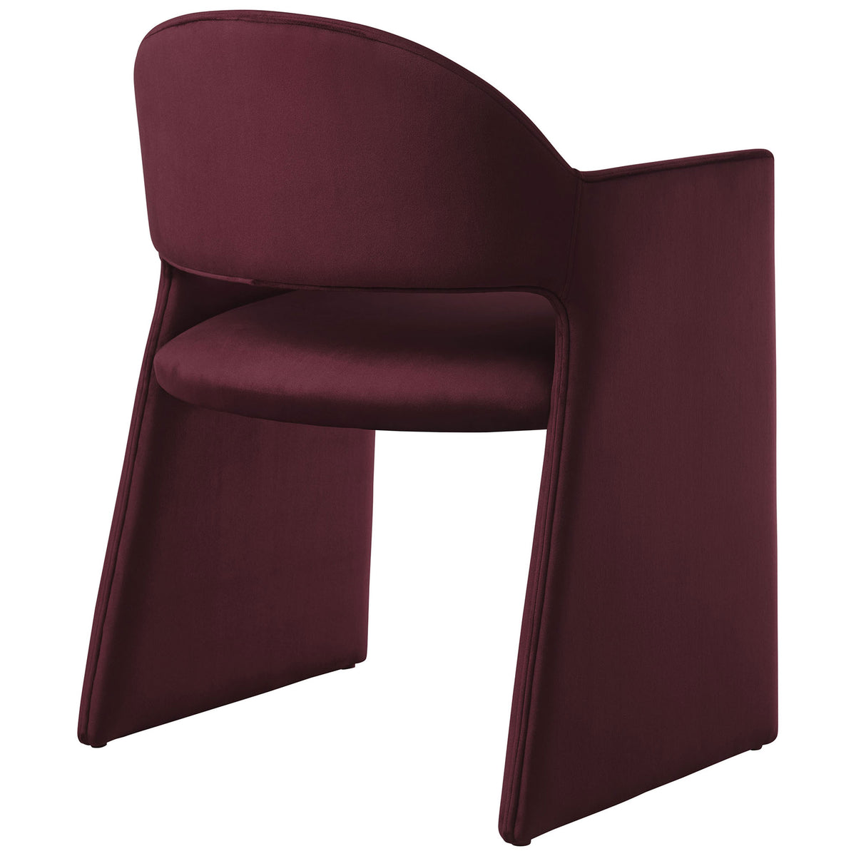 Back view of mulberry performance velvet dining chair with rounded barrel silhouette and tailored upholstery || EEI-7081-MUL || back_angle_studio