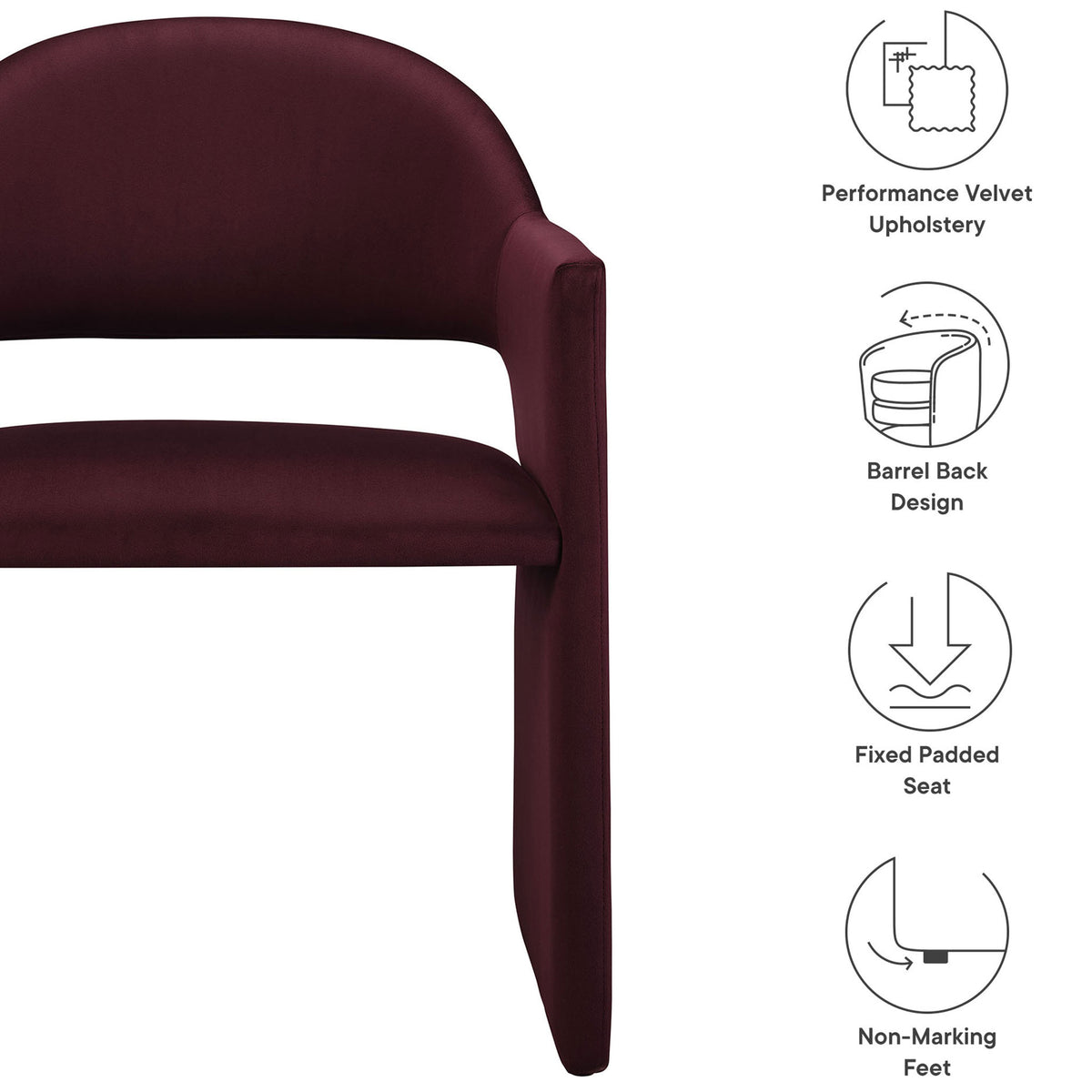 Feature callouts highlighting performance velvet upholstery, barrel back design, padded seat, and non-marking feet || EEI-7081-MUL || callout_studio