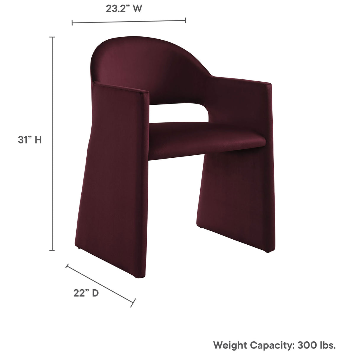 Dimension diagram of mulberry velvet dining armchair with labeled width, depth, height, and weight capacity || EEI-7081-MUL || dimension_studio