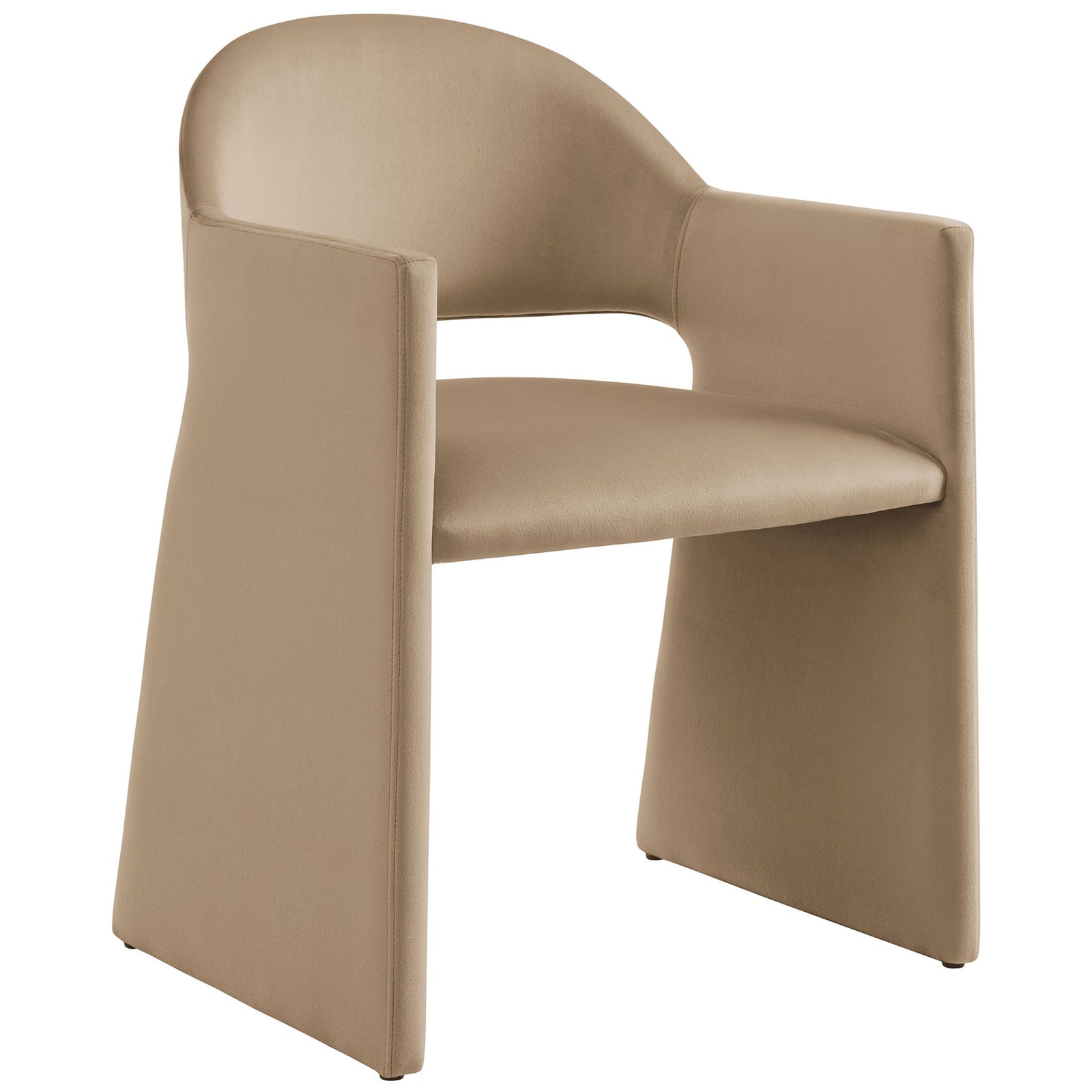Taupe velvet barrel-back dining armchair with sculptural panel legs and open lower back || EEI-7081-TAU || front_angle_studio