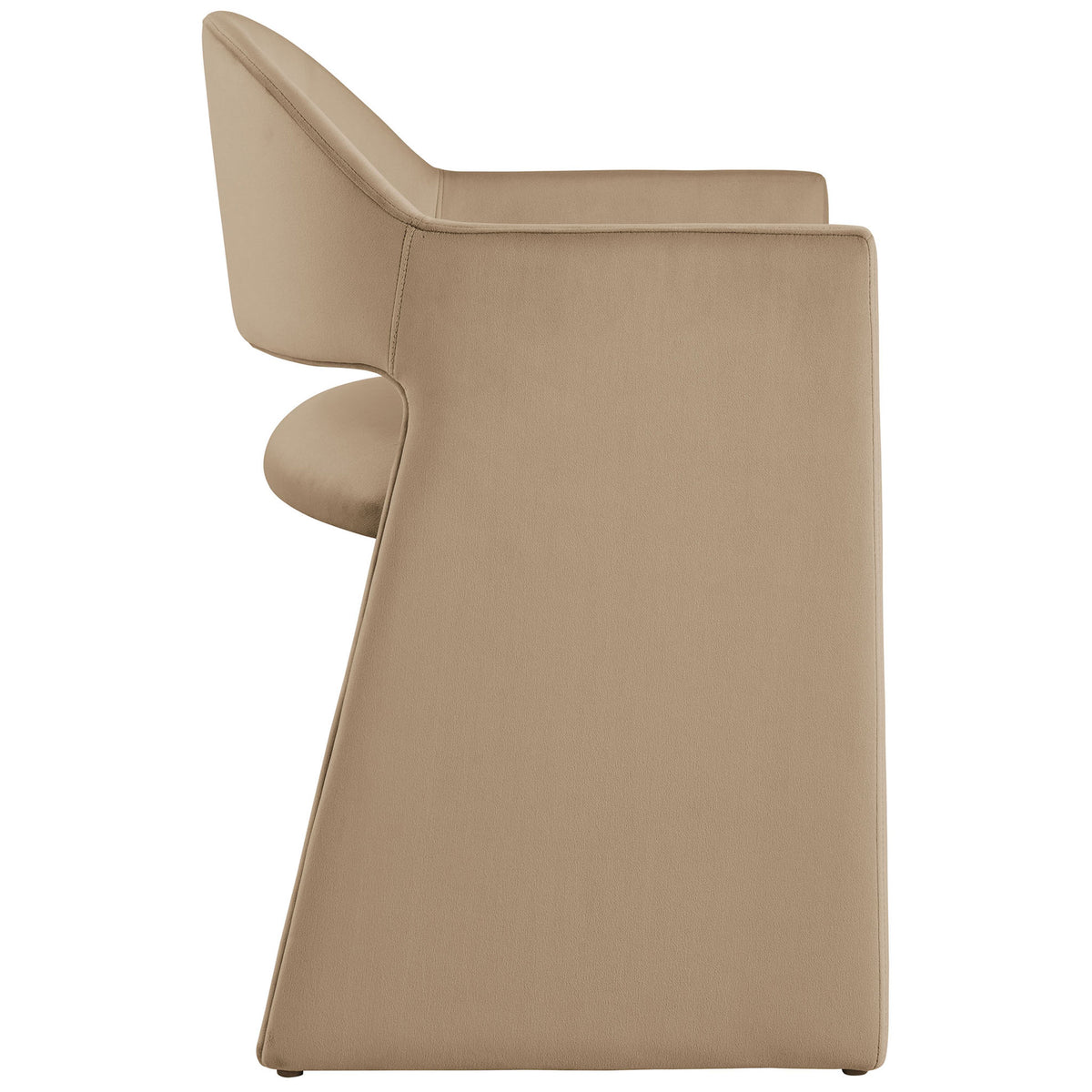 Streamlined taupe velvet dining armchair highlighting the thick panel arm and tailored profile || EEI-7081-TAU || side_studio