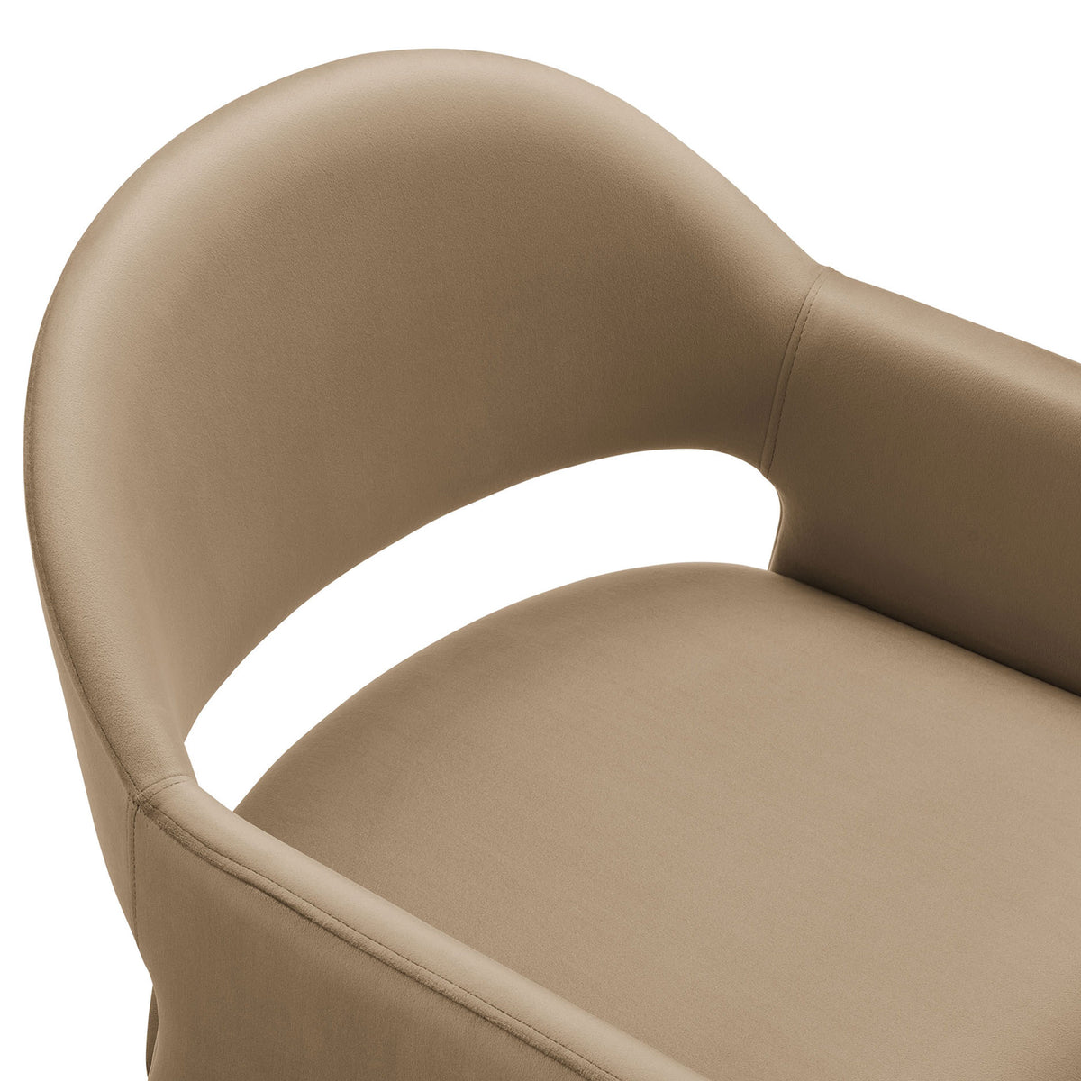 Taupe velvet barrel back and seat cushion highlighting smooth upholstery and subtle stitching || EEI-7081-TAU || detail_studio