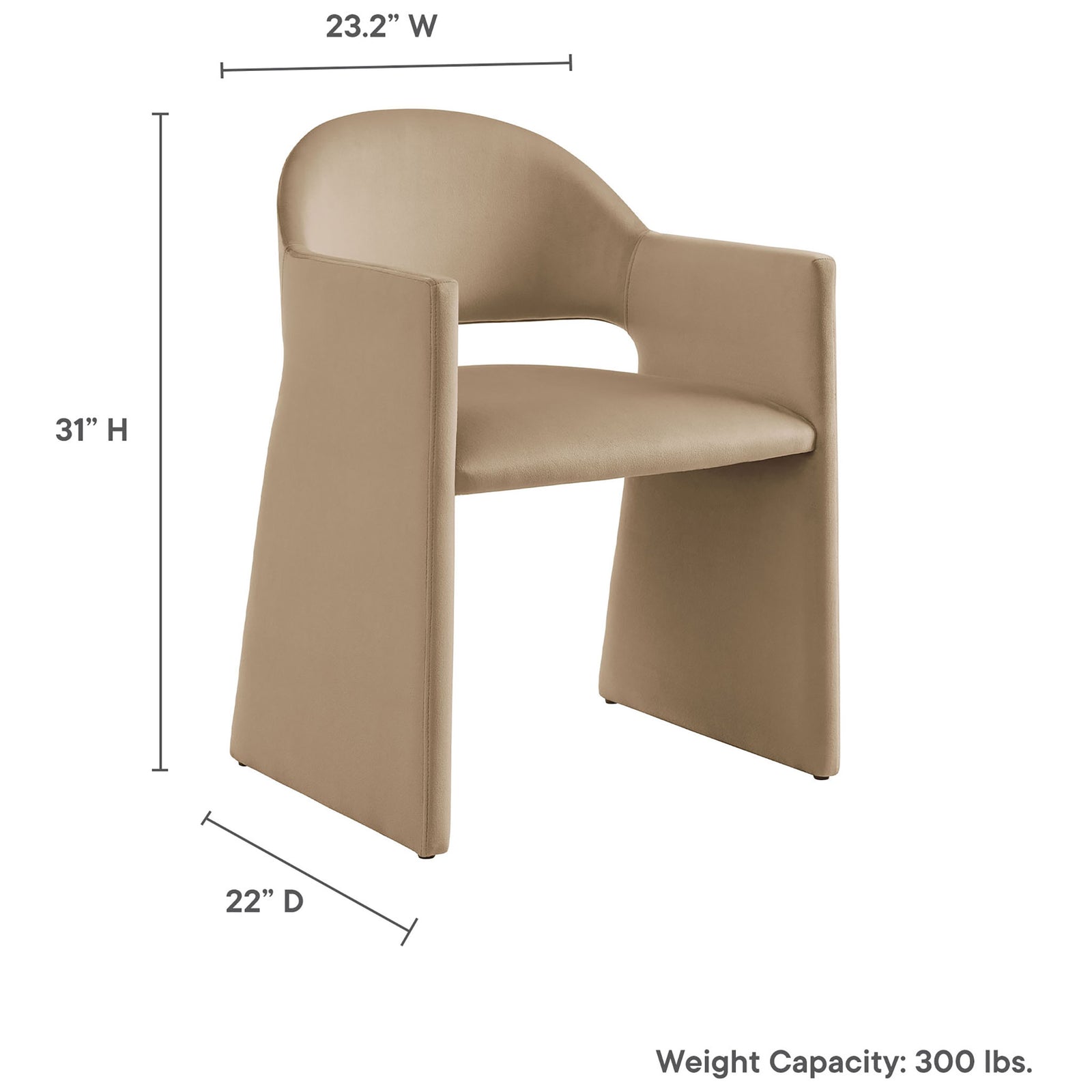 Taupe velvet dining armchair with measurement lines and 300 lb weight capacity text || EEI-7081-TAU || dimension_studio
