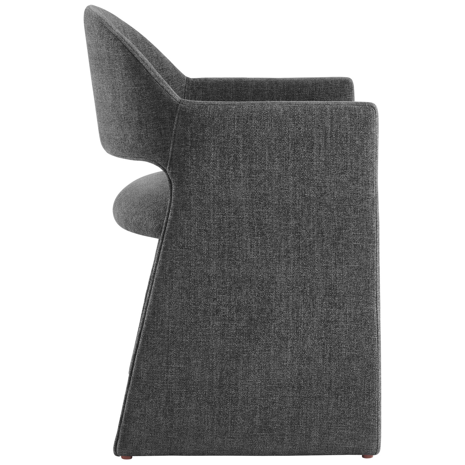 Sleek side profile of charcoal upholstered armchair with gently reclined back and padded seat || EEI-7082-CHA || side_studio