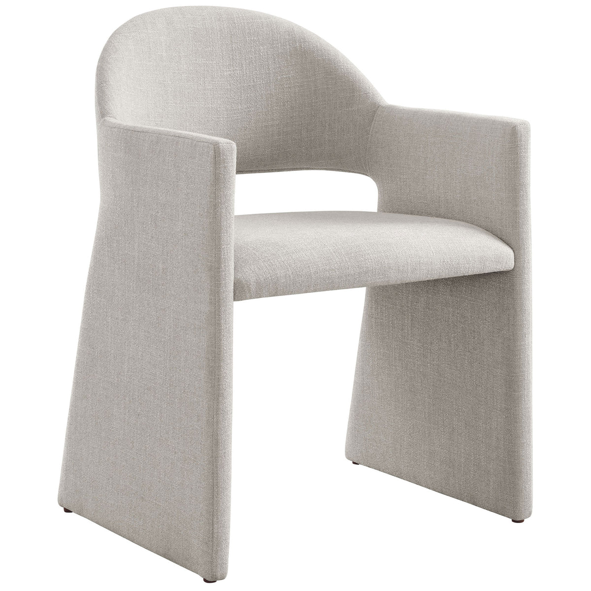 Modern linen armchair with open-back barrel silhouette and wide angular arms for relaxed dining. || EEI-7082-LIN || front_angle_studio
