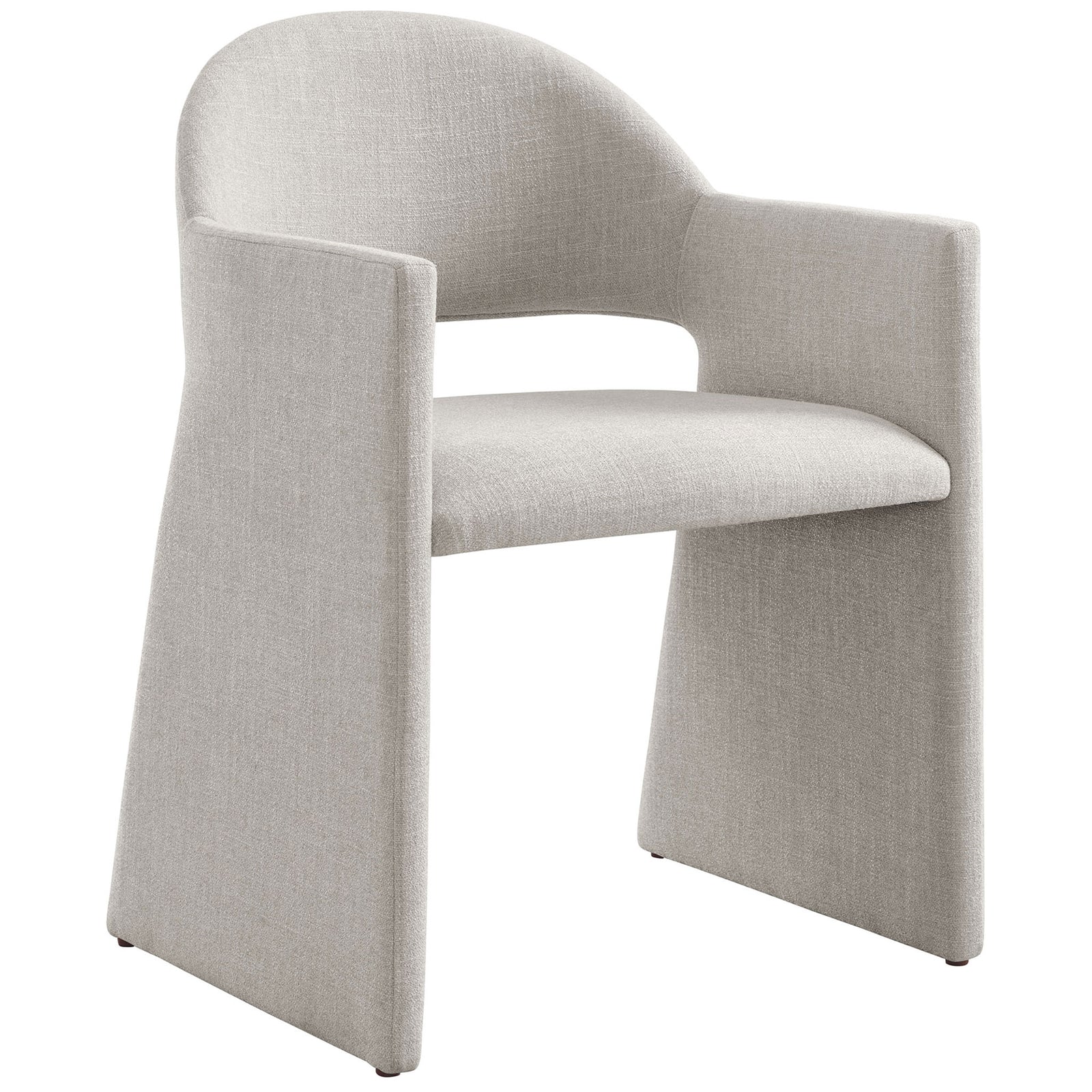 Modern linen armchair with open-back barrel silhouette and wide angular arms for relaxed dining. || EEI-7082-LIN || front_angle_studio