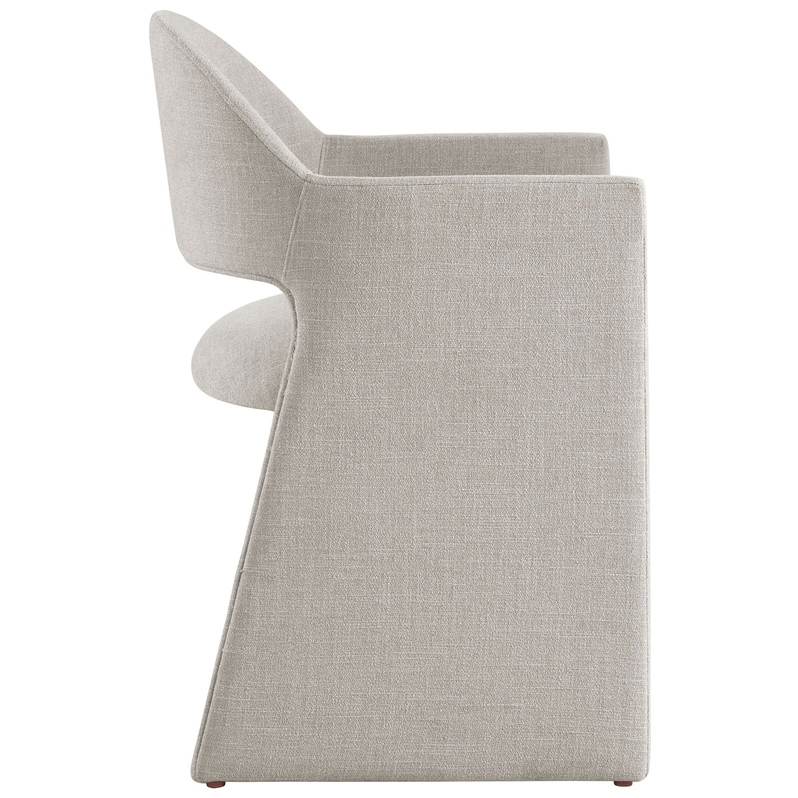 Sculptural linen dining chair showcasing the sleek sled-style base and comfortably sloped backrest. || EEI-7082-LIN || side_studio