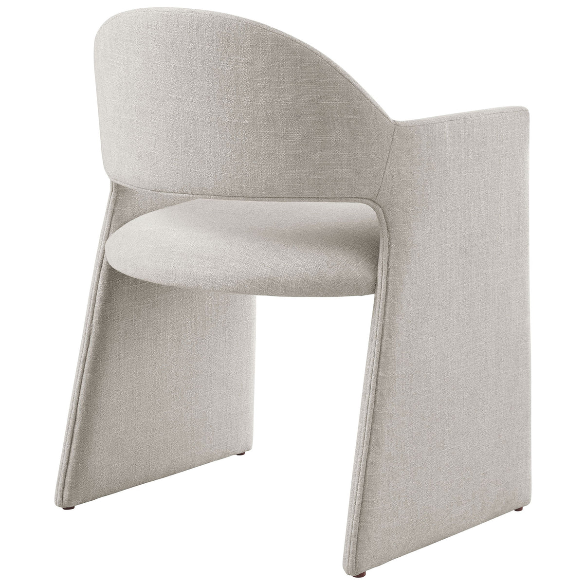 Curved linen barrel chair emphasizing the smooth wraparound back and tailored upholstery seams. || EEI-7082-LIN || back_angle_studio