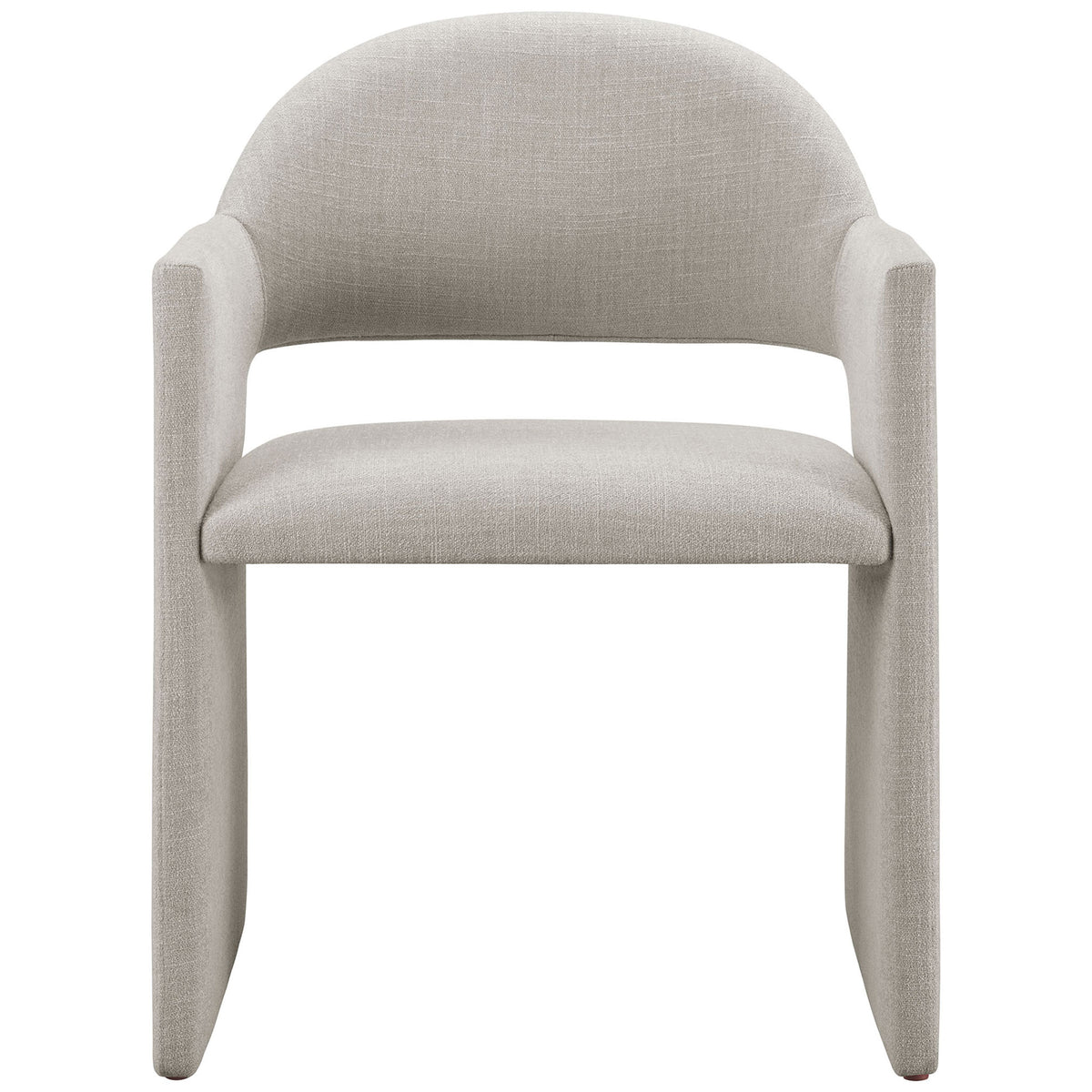 Linen barrel-back dining armchair with sculpted wraparound arms and upholstered base. || EEI-7082-LIN || front_studio