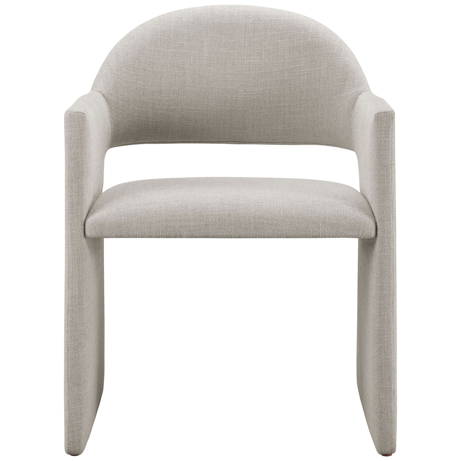 Linen barrel-back dining armchair with sculpted wraparound arms and upholstered base. || EEI-7082-LIN || front_studio