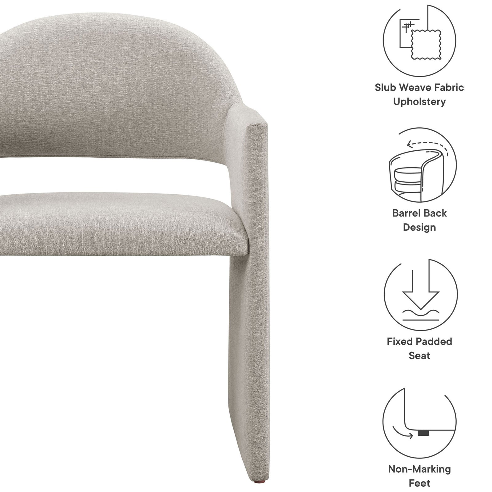 Feature graphic highlighting the Talia chair's slub weave upholstery, barrel back, and non-marking feet. || EEI-7082-LIN || callout_studio