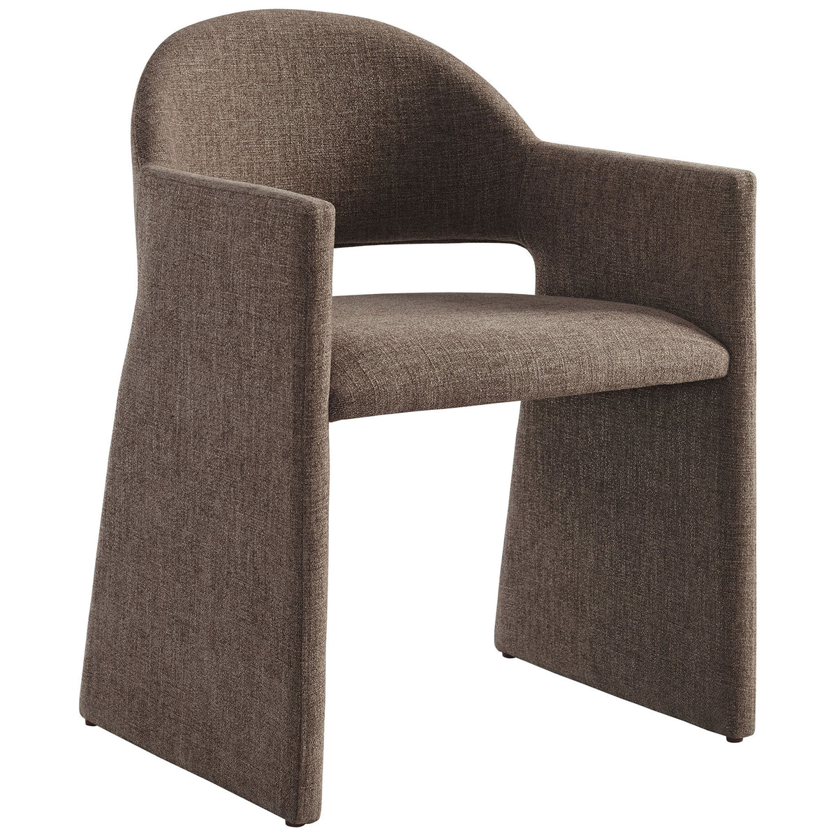 Mocha barrel back dining armchair with sculpted sides and soft slub weave fabric upholstery || EEI-7082-MOC || front_angle_studio