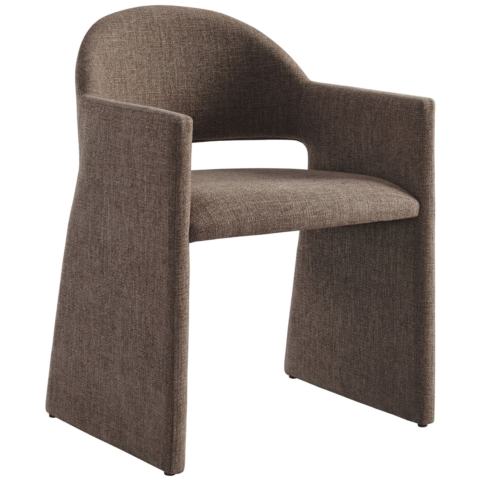 Mocha barrel back dining armchair with sculpted sides and soft slub weave fabric upholstery || EEI-7082-MOC || front_angle_studio