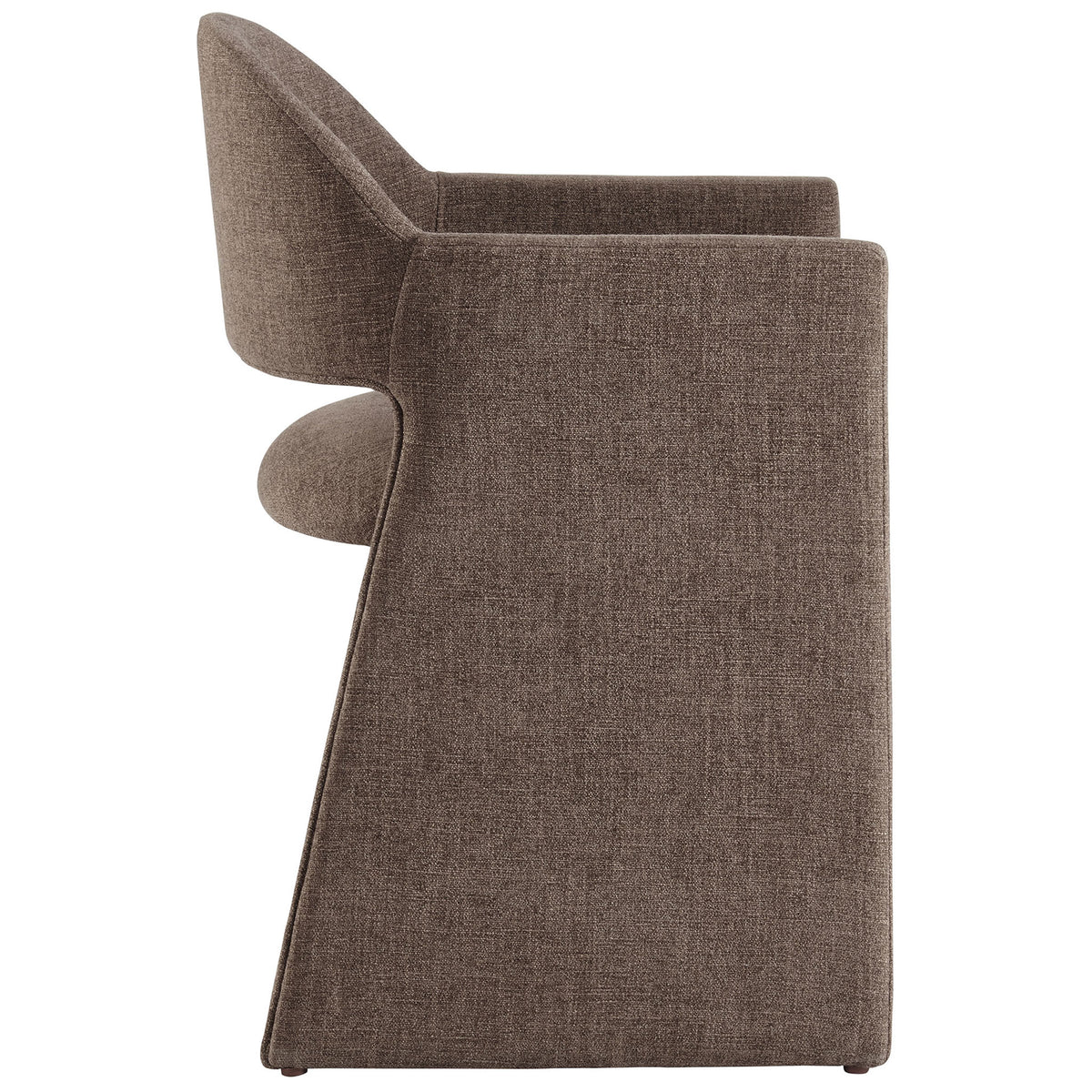 Mocha upholstered dining armchair with clean, linear profile and fully wrapped arms and base || EEI-7082-MOC || side_studio